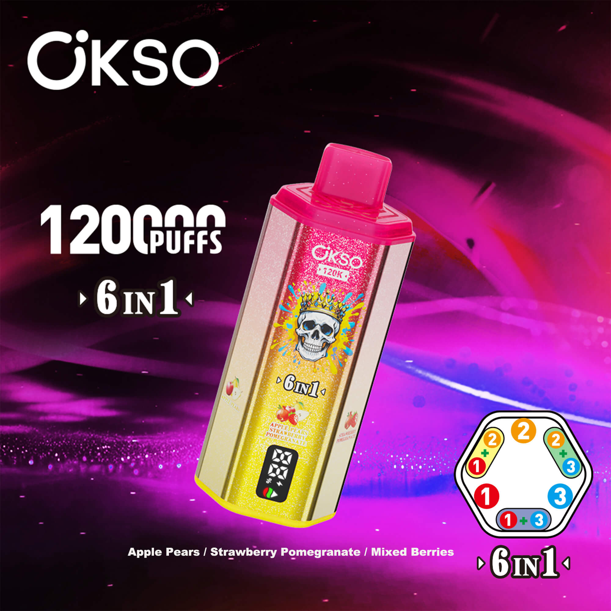 Vape-enhet med en rosa keps mot en lila-rosa bakgrund, etikett visar skalldesign och “6IN1”, plus en färghjulsikon och “12000 PUFFS”-text.