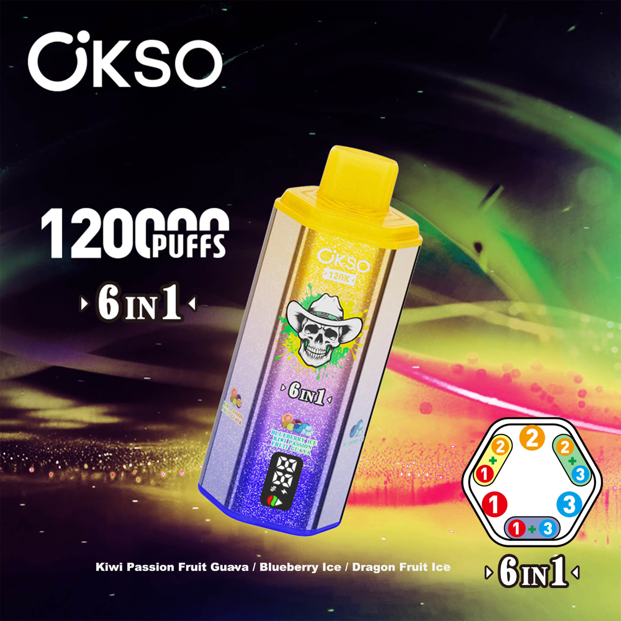 En färgglad vape-enhet med ett gult munstycke sitter mot en neon, virvlande bakgrund; texten framhäver “12000 PUFFS” och “6IN1”, med ett litet smakhjulsdiagram i hörnet.