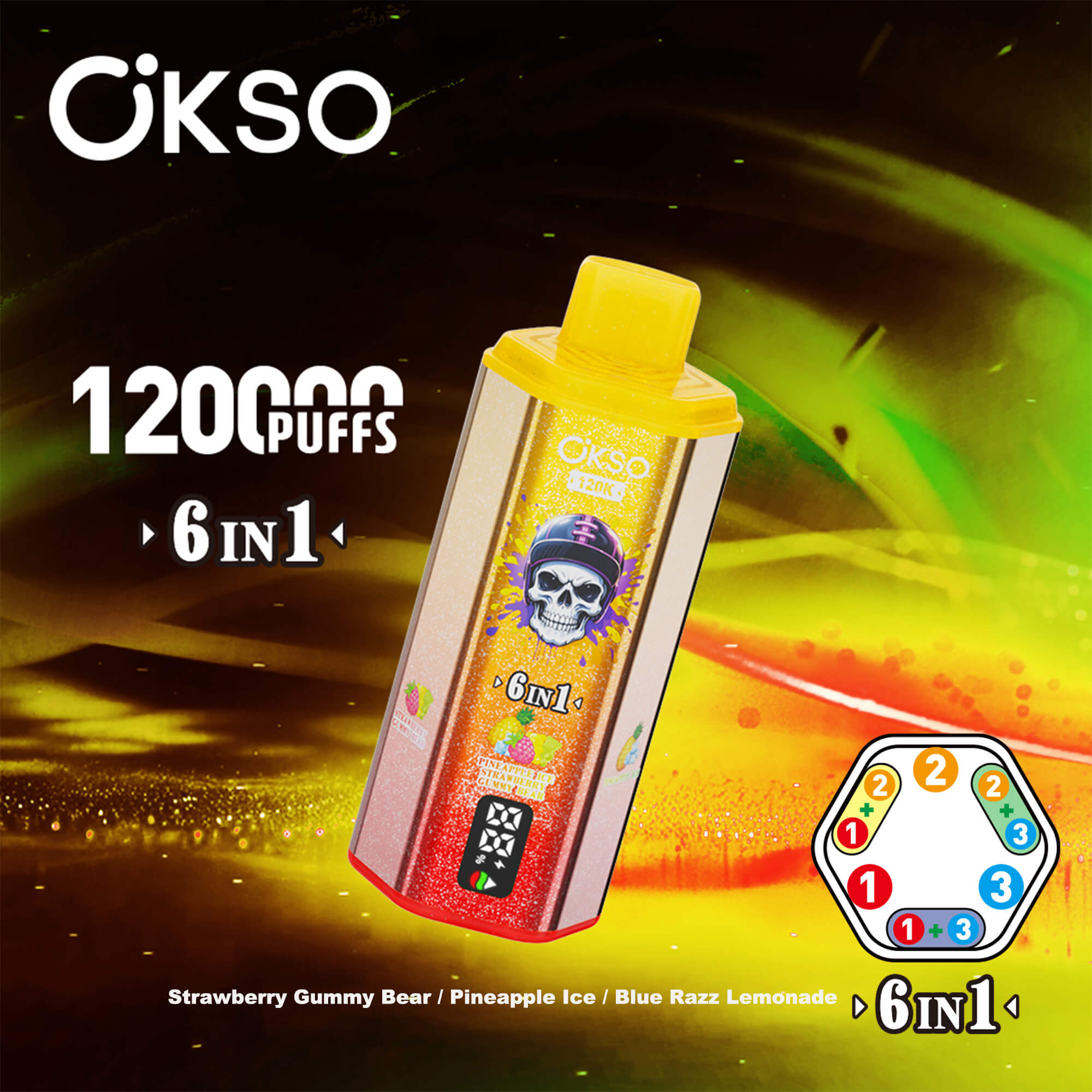 Färgglad vape-enhet med en skallegrafik och en gul keps, mot en livlig neonbakgrund; visar "12000 Puffs" och "6 in 1" med smakalternativ.