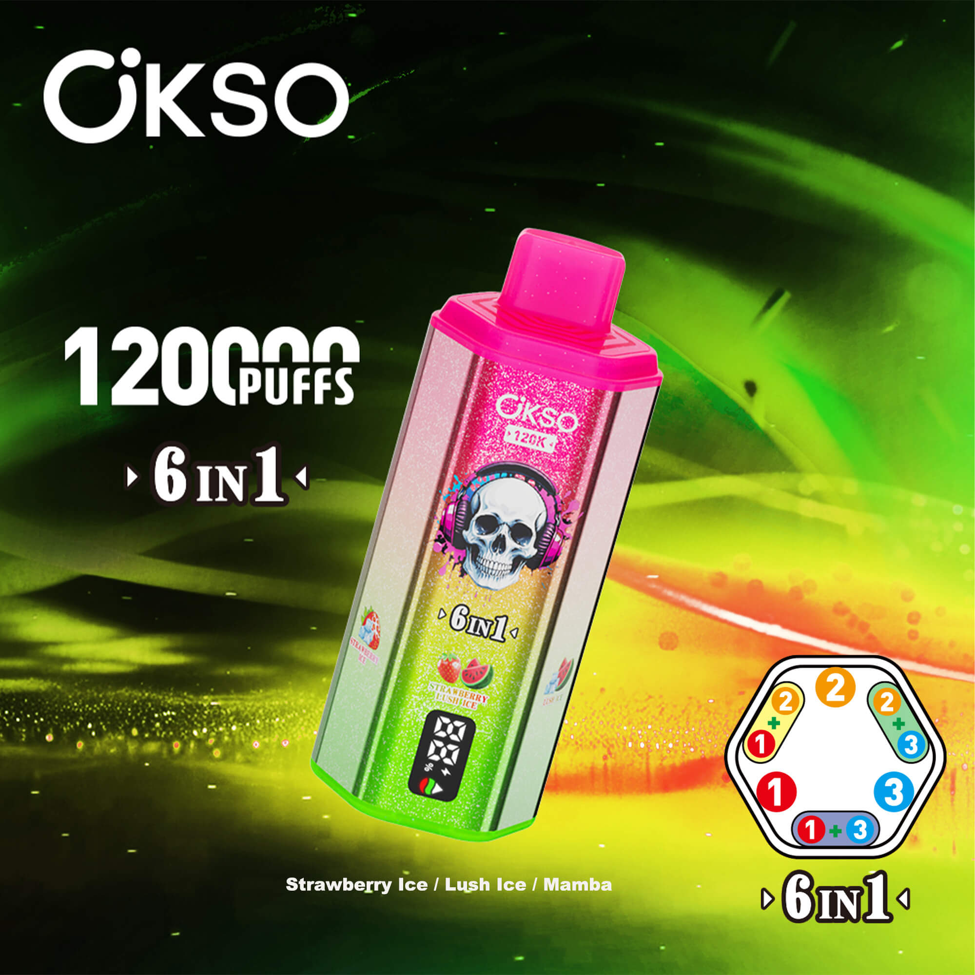 Vibrerande rosa-till-grön gradient vape-enhet med dödskallekonstverk, märkt OKSO 1200 PUFFS, 6 i 1, mot en neongrön och gul abstrakt bakgrund med en liten färghjulsgrafik.