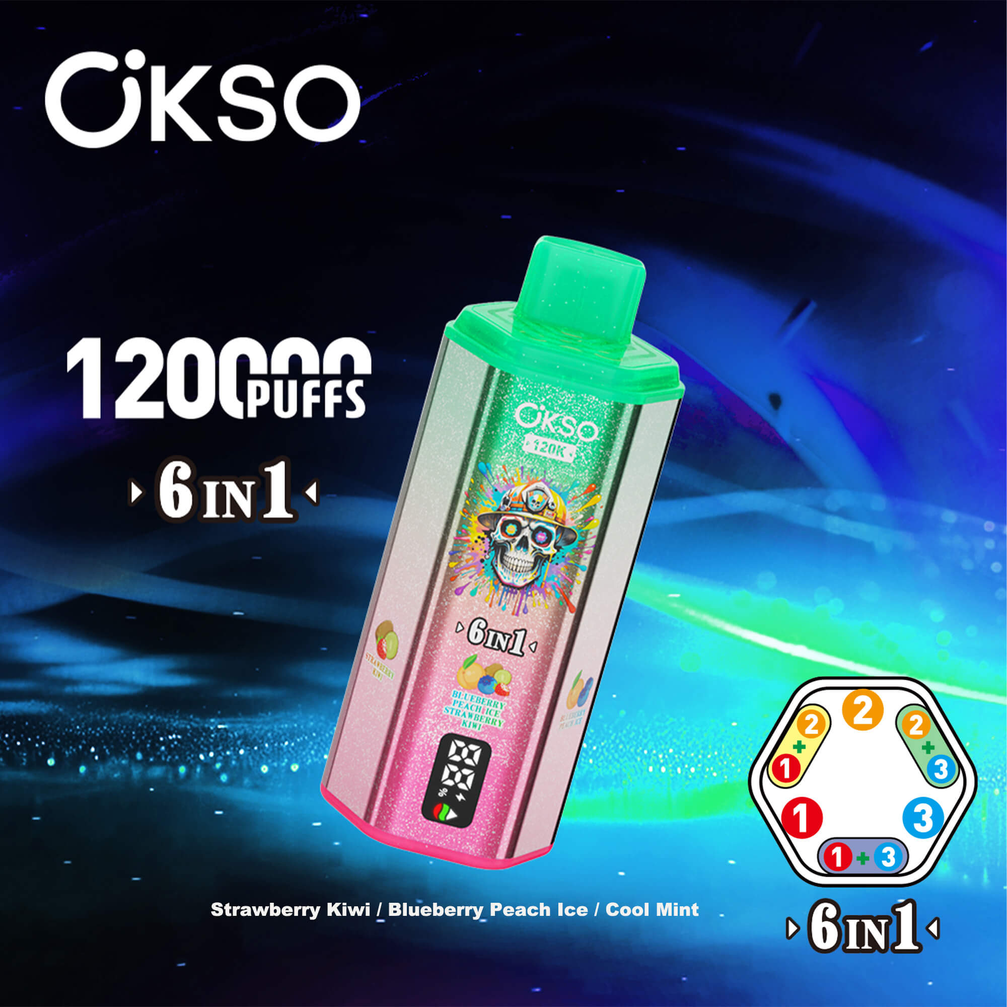 Premium vape-enhet med en rosa-till-silver-gradient, grön mössa, dödskallekonstverk och en rymdblå bakgrund med texten “12000 PUFFS” och “6 in 1” tillsammans med smakalternativ jordgubbskiwi, blåbärspersikais, kall mynta.