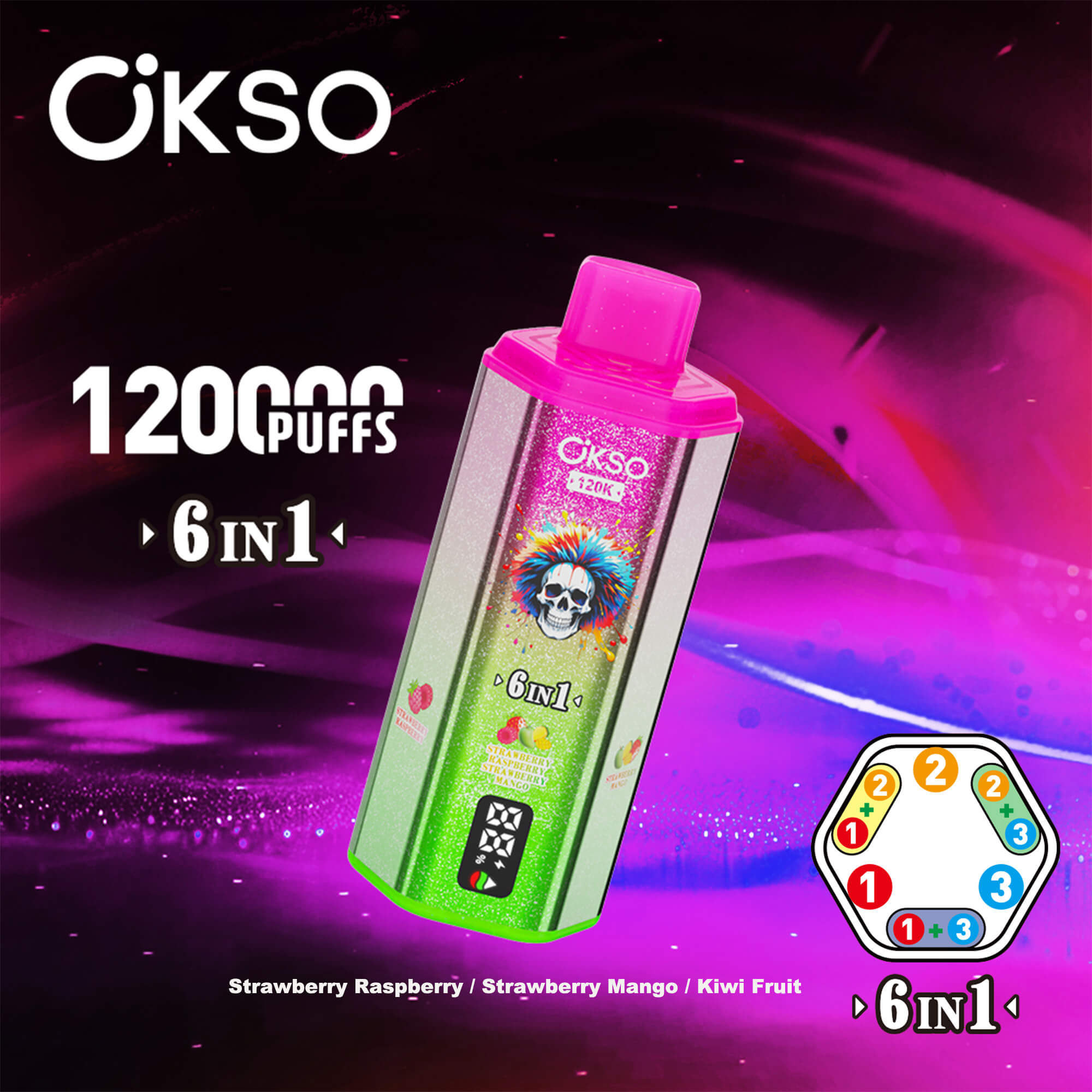 CKSO 6-i-1 1200 puff vape-enhet med en färgglad skalledesign, flytande smaker listade nedan och ett kort med ett färgnummerhjul märkt 6IN1.