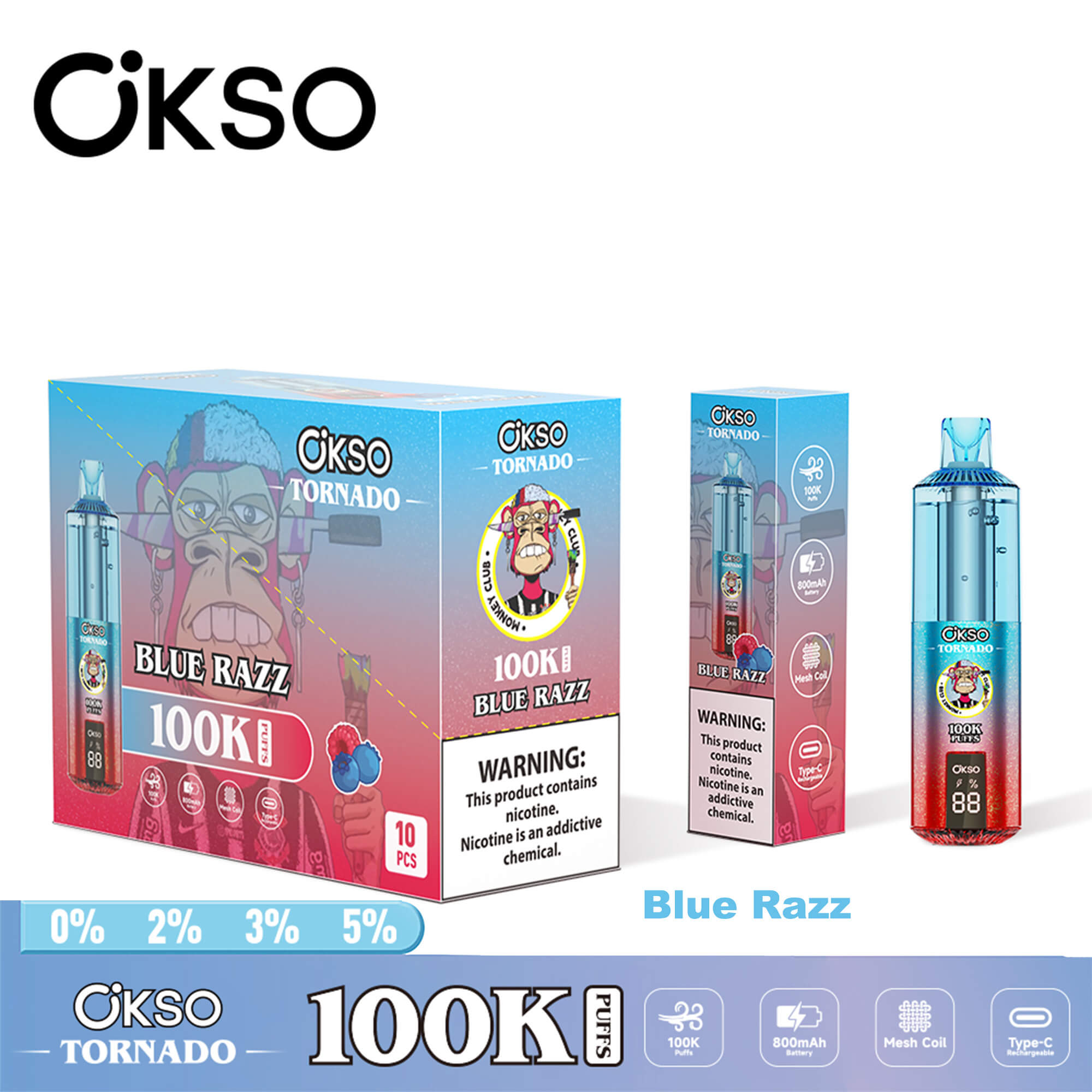 OKSO Tornado 100K disposable vape device with RGB lighting, dual mesh coil technology, rechargeable battery, and modern ergonomic design for long-lasting vaping experience.