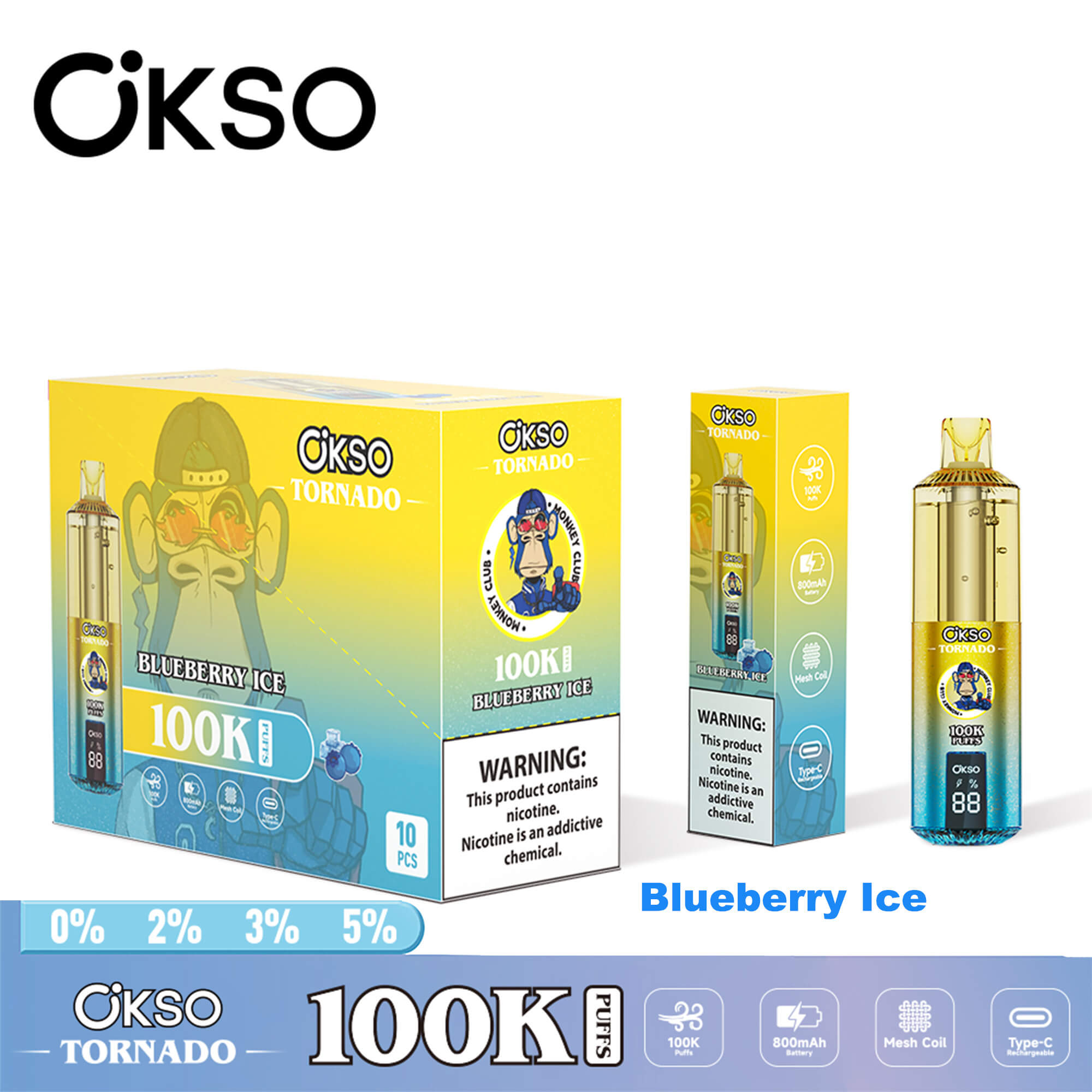 OKSO Tornado 100K disposable vape device with RGB lighting, dual mesh coil technology, rechargeable battery, and modern ergonomic design for long-lasting vaping experience.