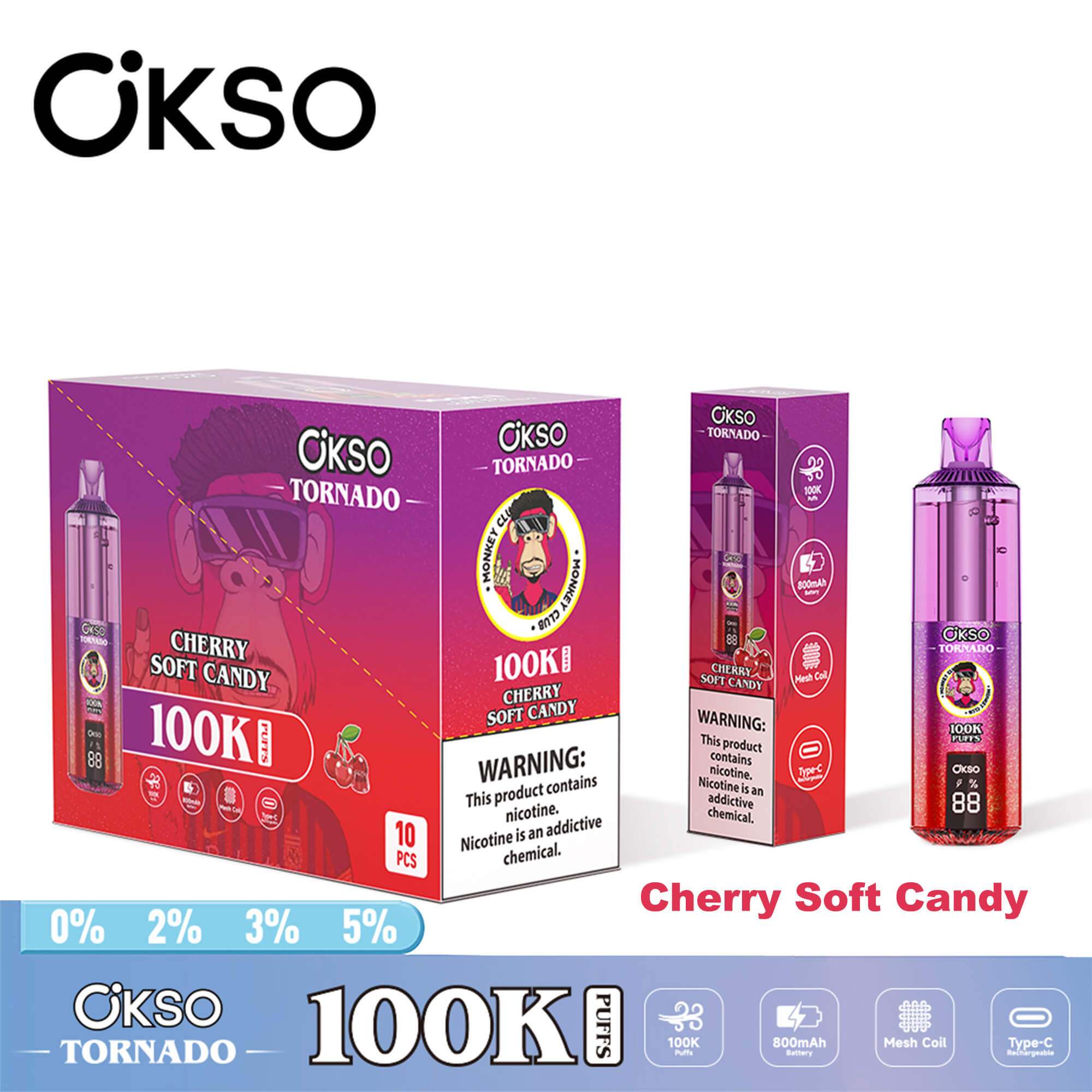 OKSO Tornado 100K disposable vape device with RGB lighting, dual mesh coil technology, rechargeable battery, and modern ergonomic design for long-lasting vaping experience.