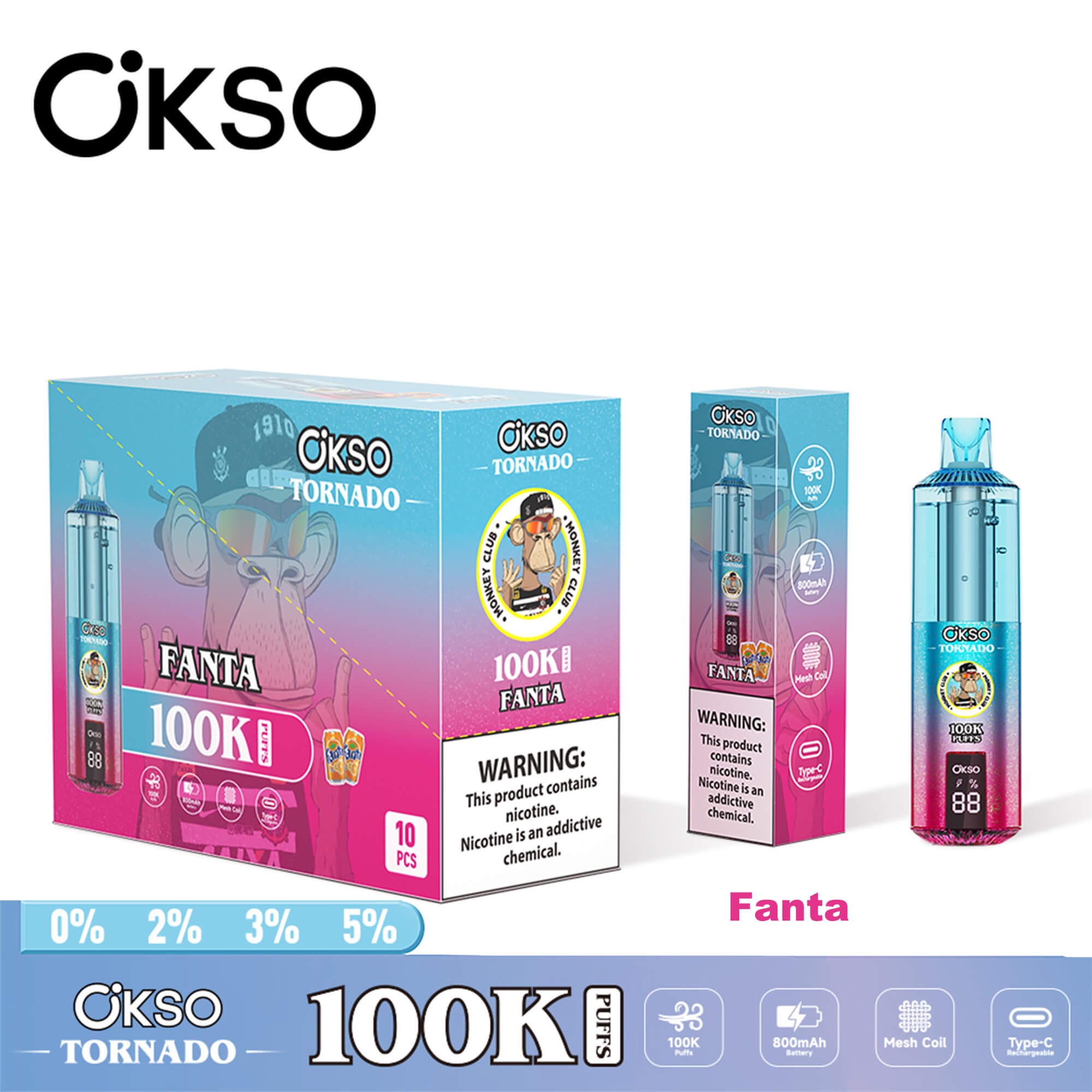 OKSO Tornado 100K disposable vape device with RGB lighting, dual mesh coil technology, rechargeable battery, and modern ergonomic design for long-lasting vaping experience.