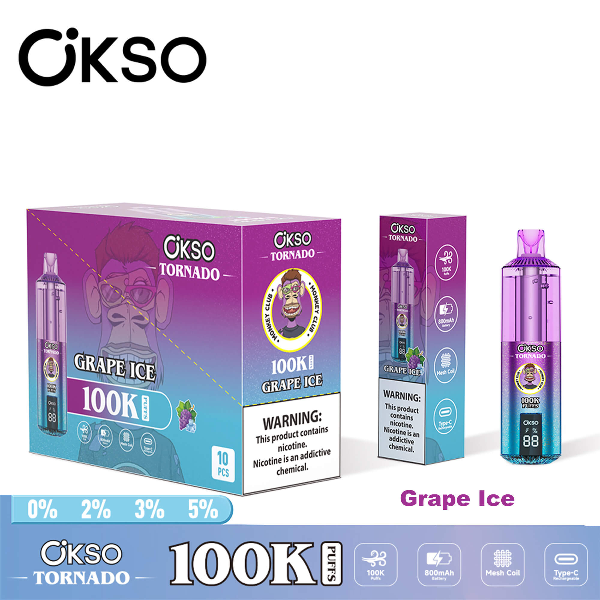 OKSO Tornado 100K disposable vape device with RGB lighting, dual mesh coil technology, rechargeable battery, and modern ergonomic design for long-lasting vaping experience.