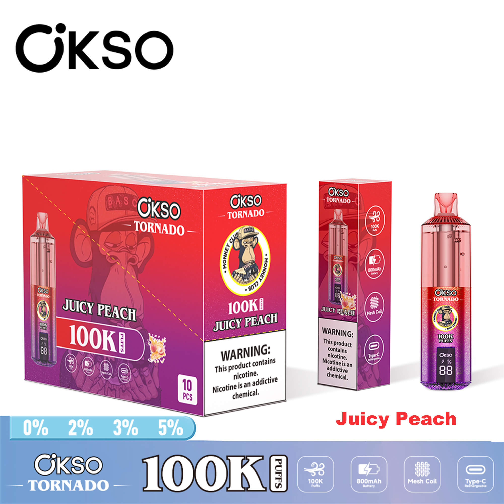 OKSO Tornado 100K disposable vape device with RGB lighting, dual mesh coil technology, rechargeable battery, and modern ergonomic design for long-lasting vaping experience.