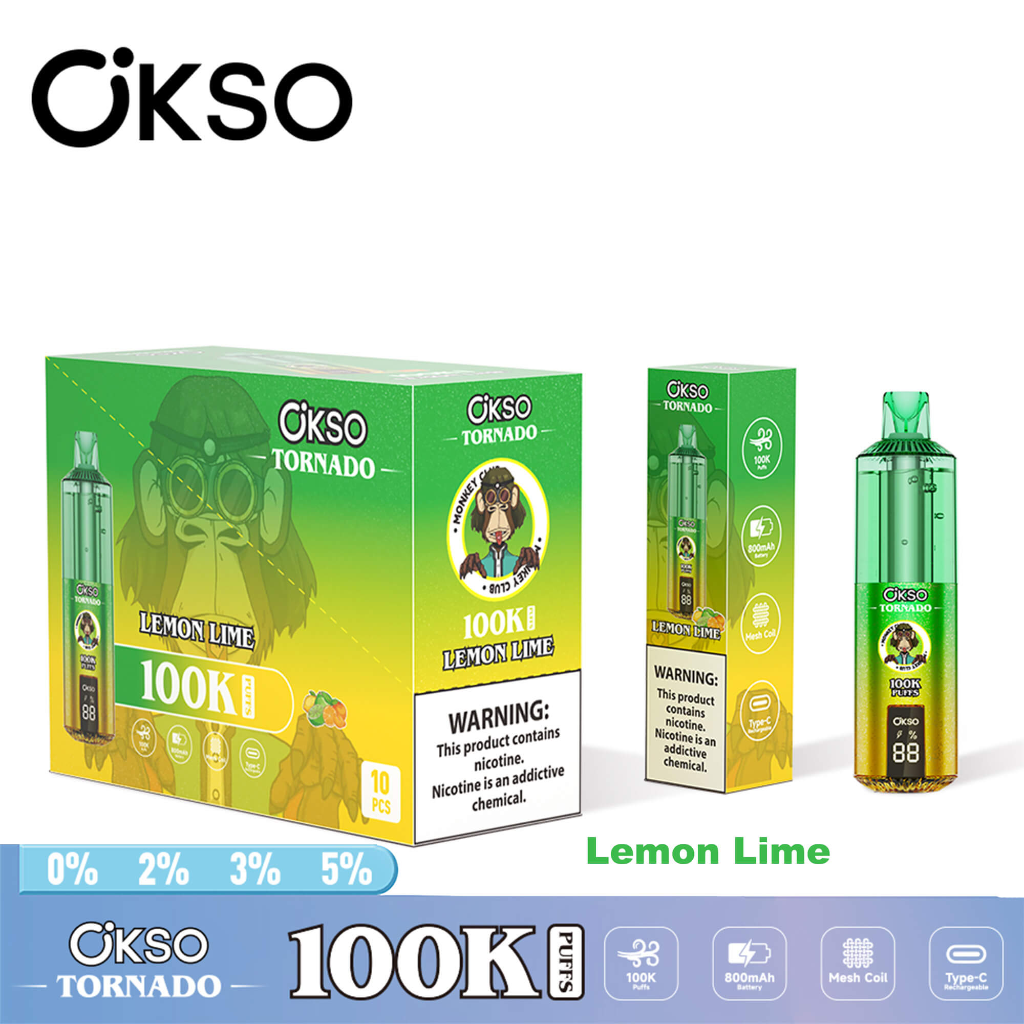 OKSO Tornado 100K disposable vape device with RGB lighting, dual mesh coil technology, rechargeable battery, and modern ergonomic design for long-lasting vaping experience.
