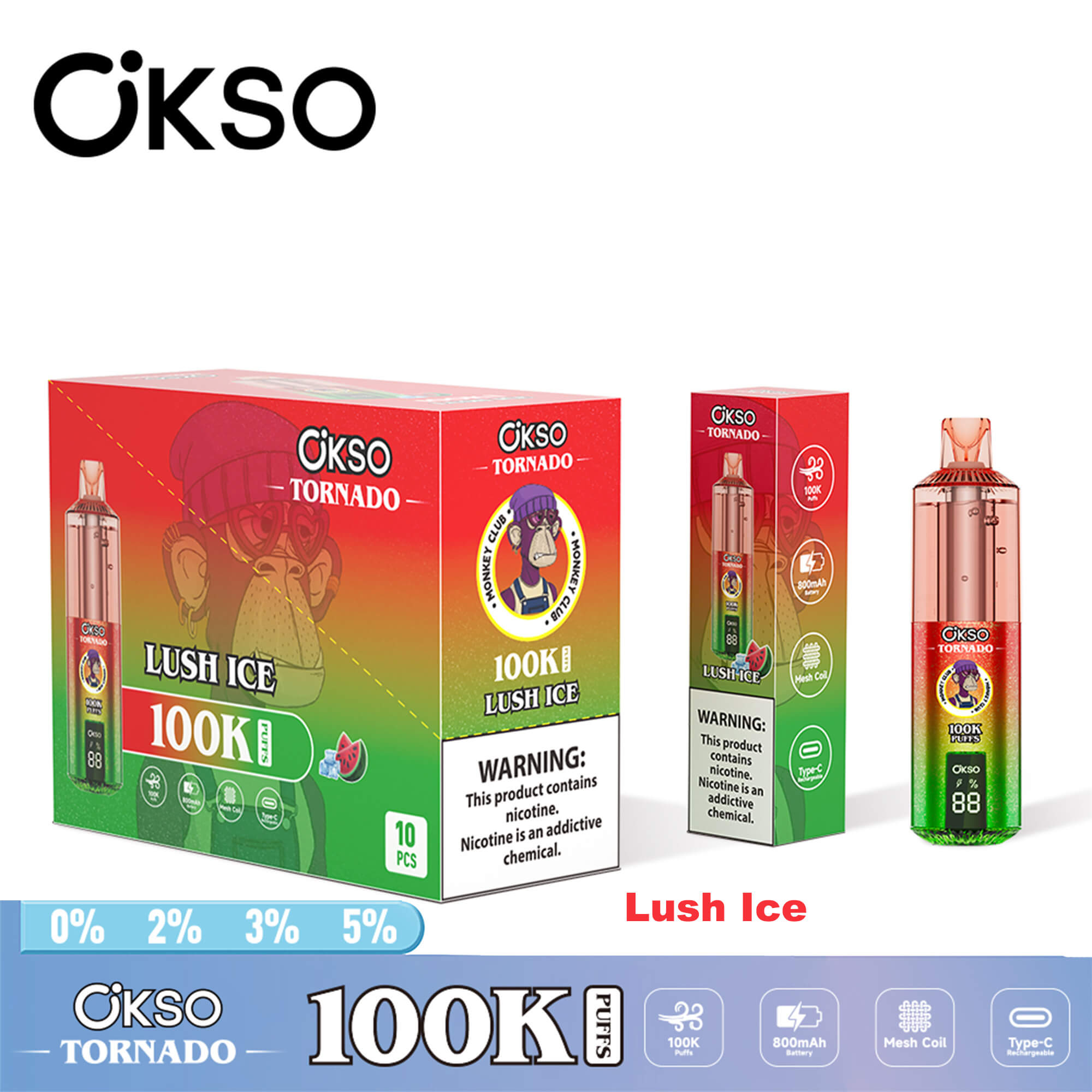 OKSO Tornado 100K disposable vape device with RGB lighting, dual mesh coil technology, rechargeable battery, and modern ergonomic design for long-lasting vaping experience.