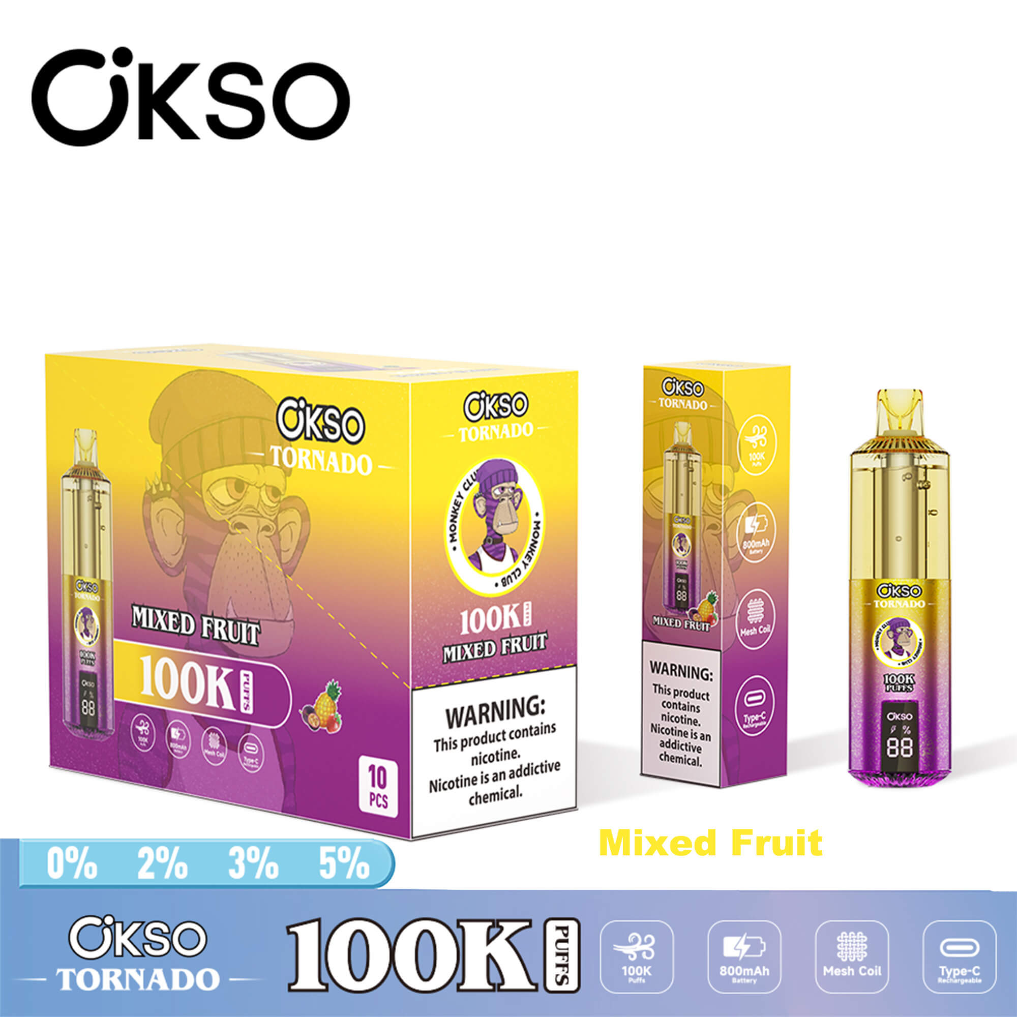 OKSO Tornado 100K disposable vape device with RGB lighting, dual mesh coil technology, rechargeable battery, and modern ergonomic design for long-lasting vaping experience.