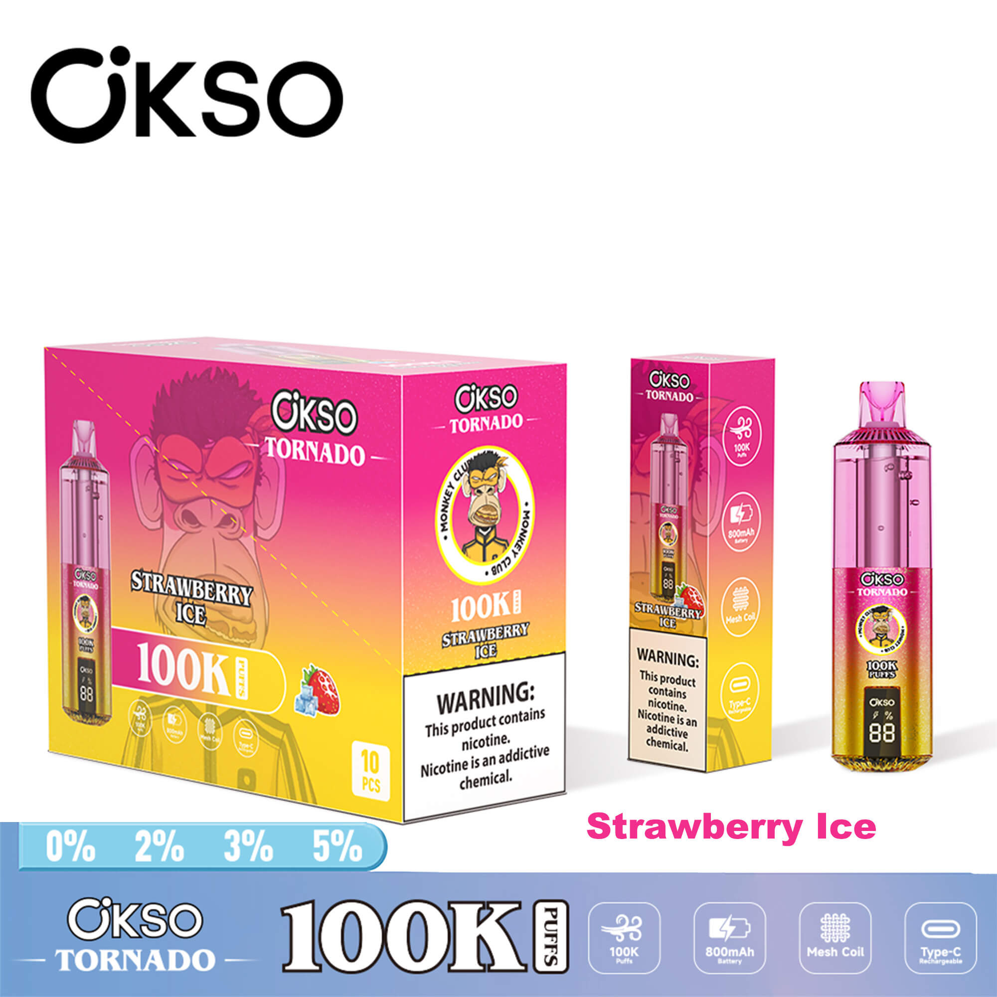 OKSO Tornado 100K disposable vape device with RGB lighting, dual mesh coil technology, rechargeable battery, and modern ergonomic design for long-lasting vaping experience.