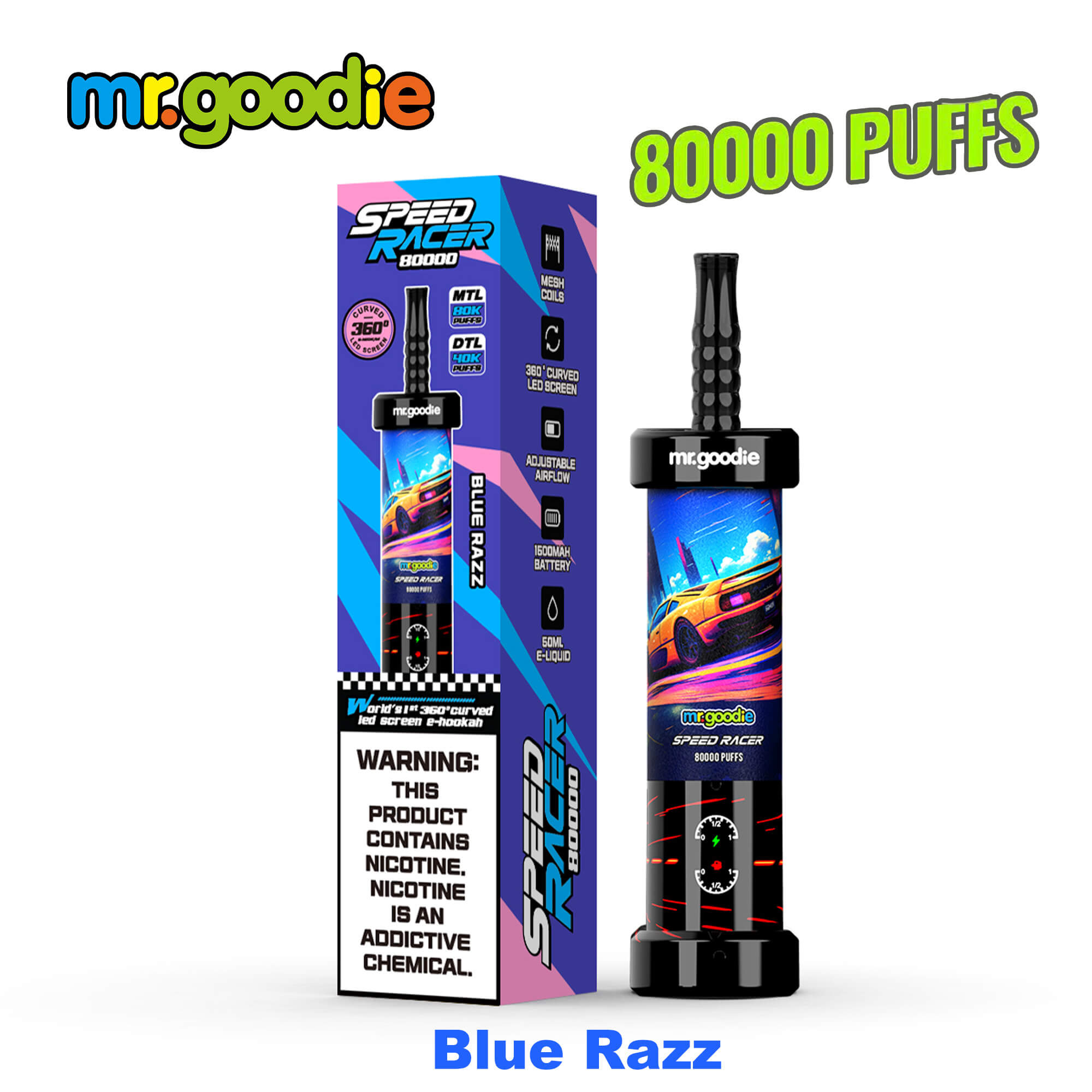 A premium Mr.Goodie Speed Racer 80K disposable vape featuring a futuristic racing-inspired design, vibrant digital 360° display screen, adjustable airflow control, and sleek ergonomic construction, showcased with dynamic lighting that highlights its advanced technology and high-capacity performance.