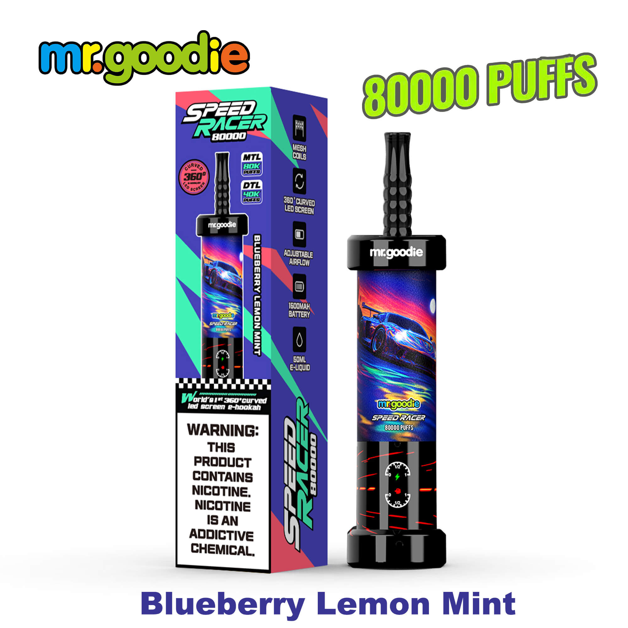 A premium Mr.Goodie Speed Racer 80K disposable vape featuring a futuristic racing-inspired design, vibrant digital 360° display screen, adjustable airflow control, and sleek ergonomic construction, showcased with dynamic lighting that highlights its advanced technology and high-capacity performance.
