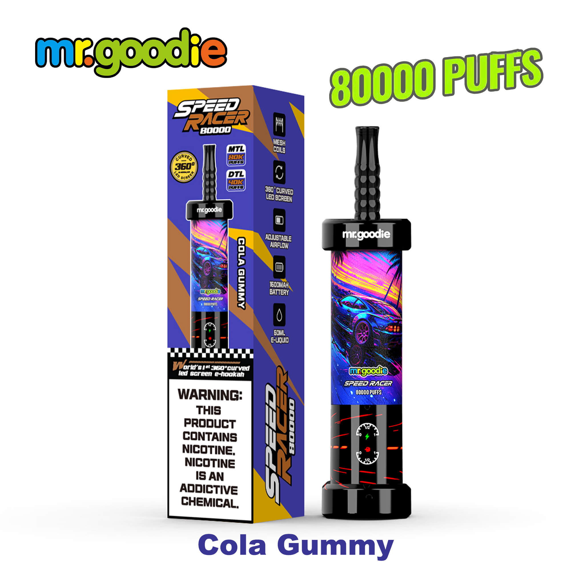 A premium Mr.Goodie Speed Racer 80K disposable vape featuring a futuristic racing-inspired design, vibrant digital 360° display screen, adjustable airflow control, and sleek ergonomic construction, showcased with dynamic lighting that highlights its advanced technology and high-capacity performance.