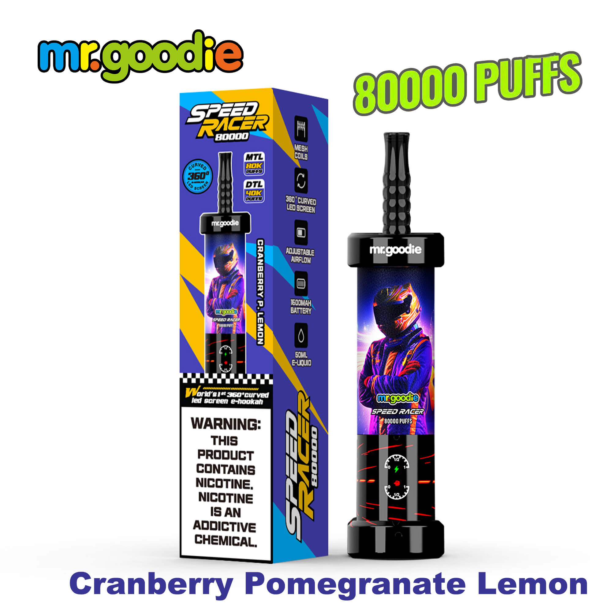 A premium Mr.Goodie Speed Racer 80K disposable vape featuring a futuristic racing-inspired design, vibrant digital 360° display screen, adjustable airflow control, and sleek ergonomic construction, showcased with dynamic lighting that highlights its advanced technology and high-capacity performance.