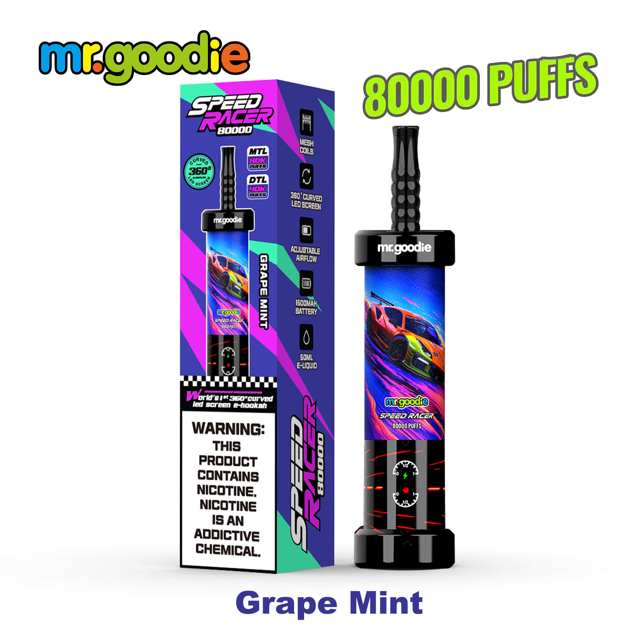 A premium Mr.Goodie Speed Racer 80K disposable vape featuring a futuristic racing-inspired design, vibrant digital 360° display screen, adjustable airflow control, and sleek ergonomic construction, showcased with dynamic lighting that highlights its advanced technology and high-capacity performance.