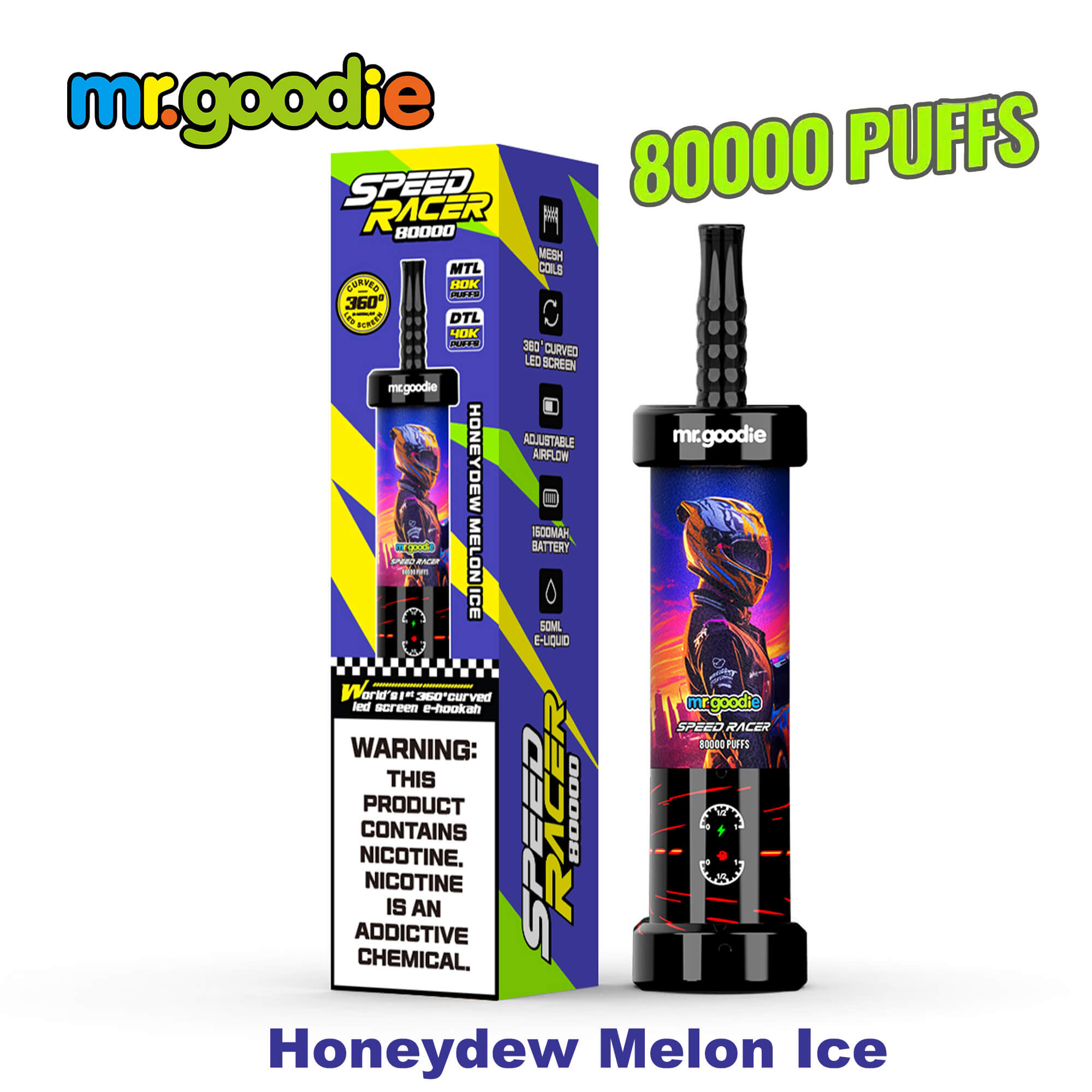 A premium Mr.Goodie Speed Racer 80K disposable vape featuring a futuristic racing-inspired design, vibrant digital 360° display screen, adjustable airflow control, and sleek ergonomic construction, showcased with dynamic lighting that highlights its advanced technology and high-capacity performance.