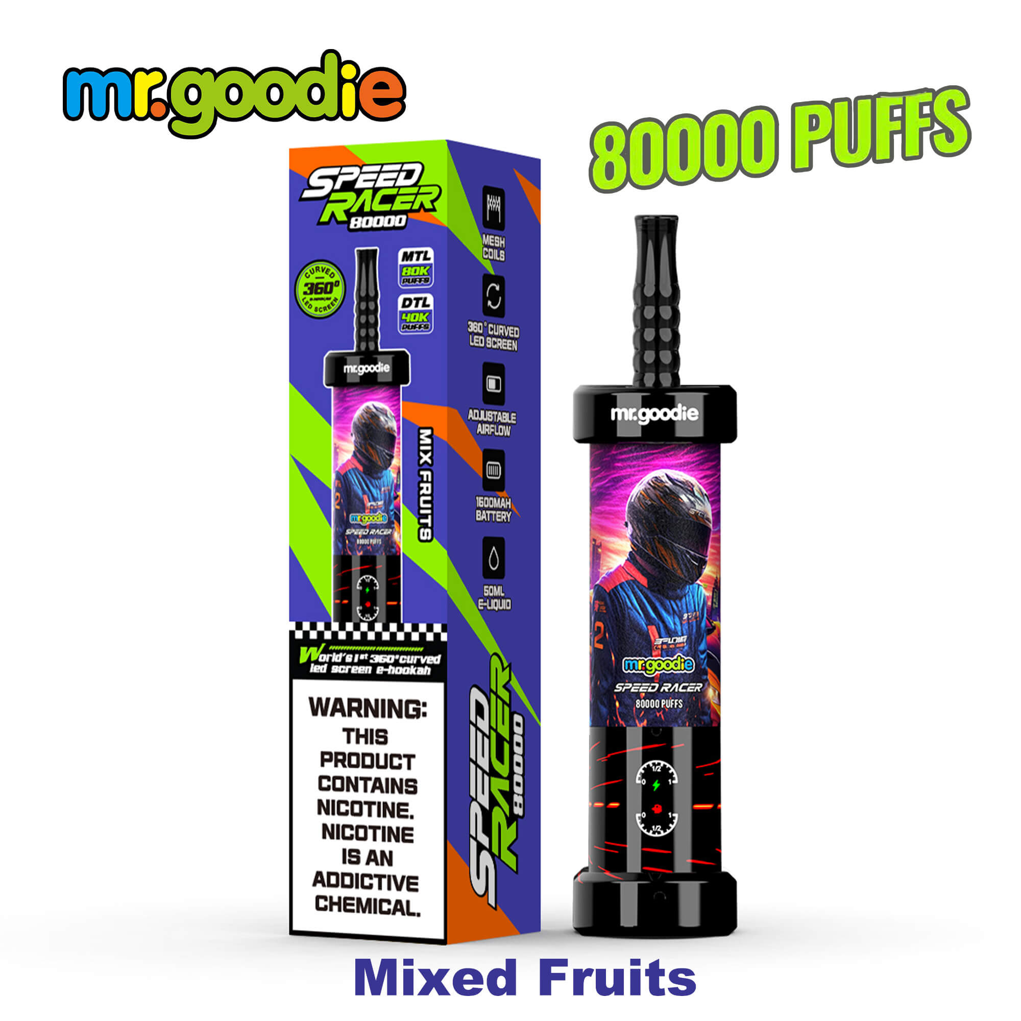 A premium Mr.Goodie Speed Racer 80K disposable vape featuring a futuristic racing-inspired design, vibrant digital 360° display screen, adjustable airflow control, and sleek ergonomic construction, showcased with dynamic lighting that highlights its advanced technology and high-capacity performance.