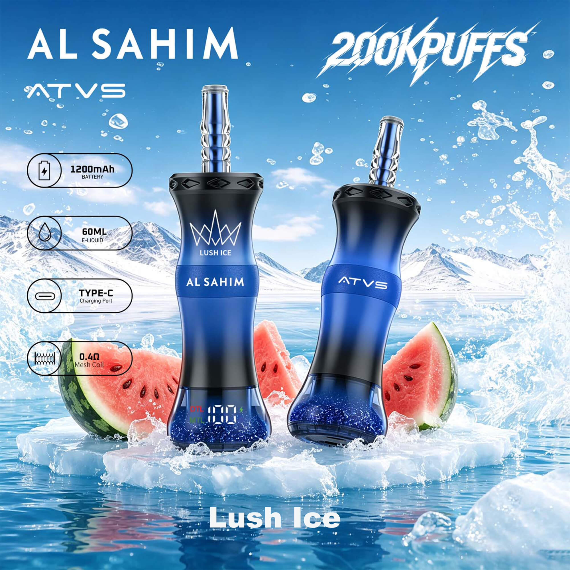 Dispositivos vape ATVS AL SAHIM Lush Ice con salpicaduras de agua, montañas heladas y texto “Lush Ice”