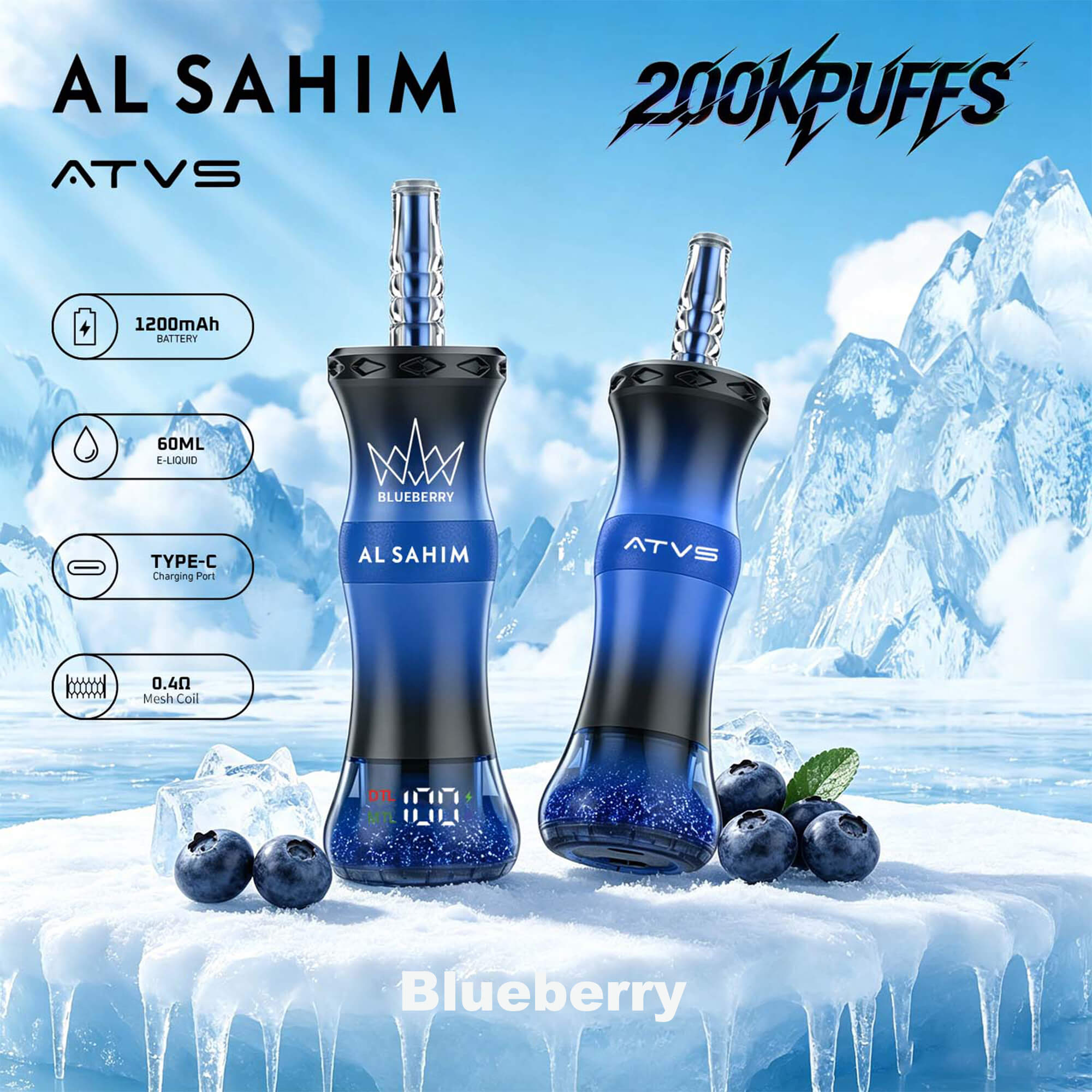 Vape pods AL SAHIM ATVS con texto de sabor arándano y especificaciones sobre fondo de montaña helada, mostrados con dos dispositivos