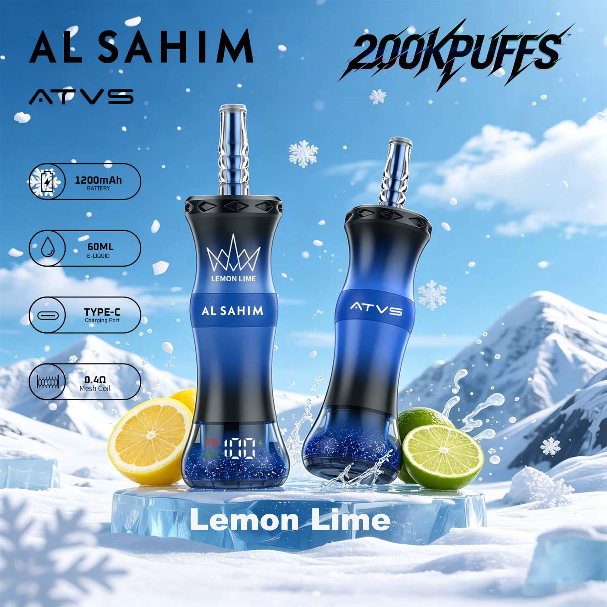 Dos dispositivos vape ATVS con marca de sabor limón-lima sobre fondo azul nevado con copos de nieve y rodajas de cítricos