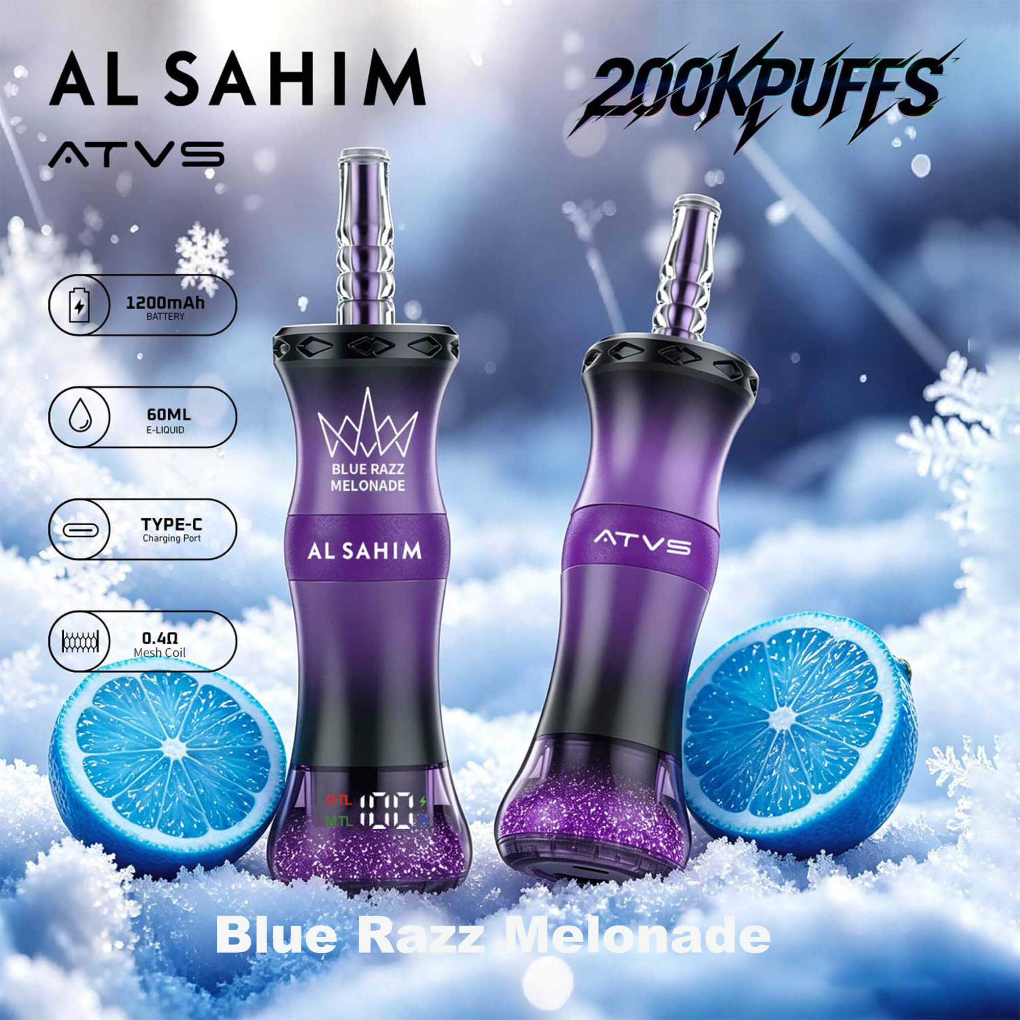 Dispositivos vape AL SAHIM y ATVUS morados con texto de sabor “Blue Razz Melonade” sobre fondo azul nevado