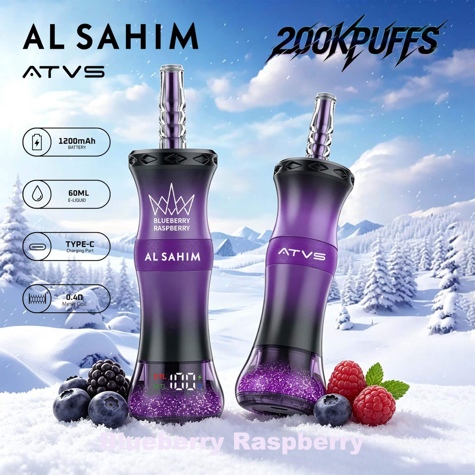Dos vapes electrónicos AL SAHIM morados con bobinas brillantes sobre fondo de montaña nevada, texto “2000 caladas”