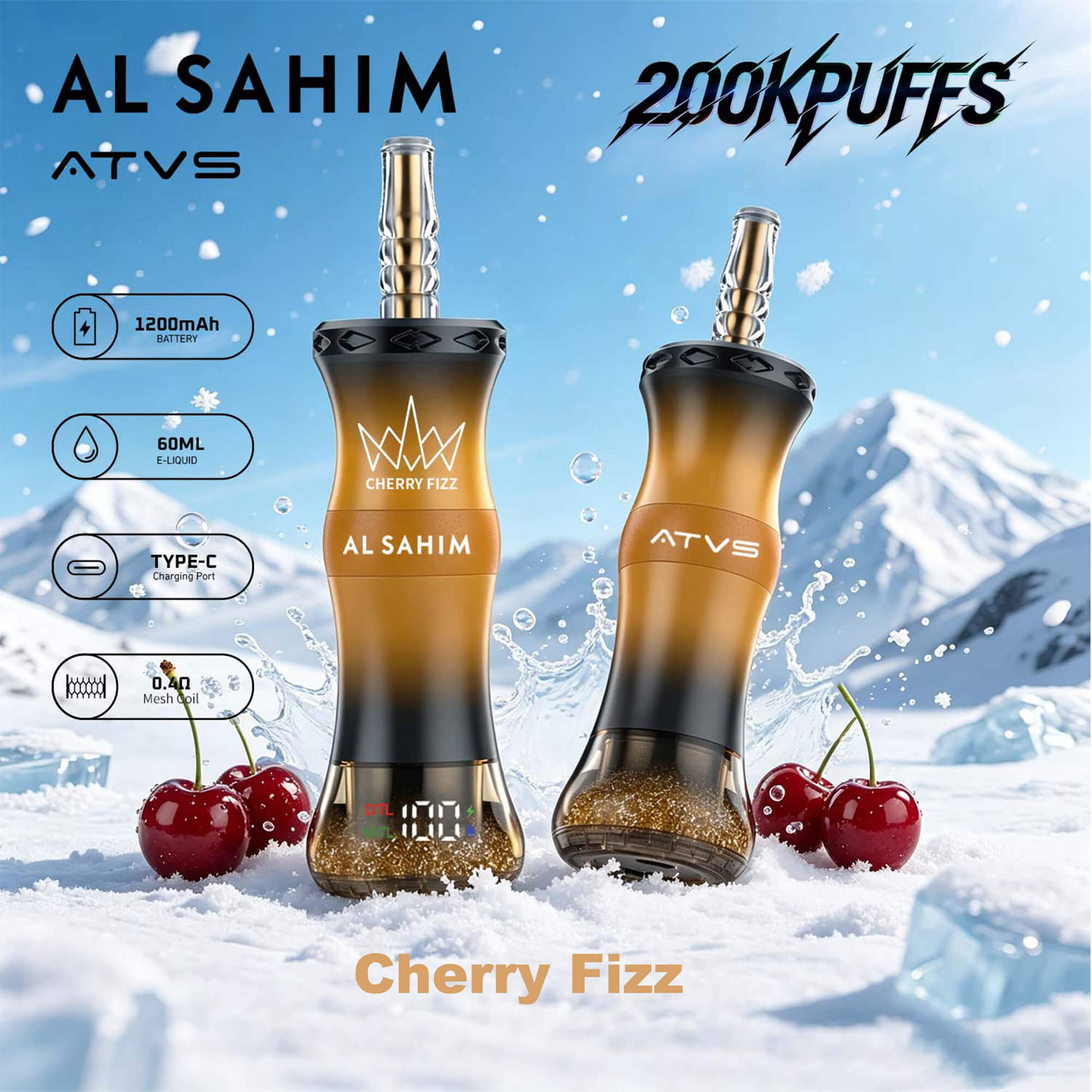 Dos dispositivos vape AL SAHIM ATVS con marca “Cherry Fizz” en fondo nevado con salpicaduras e iconos de características