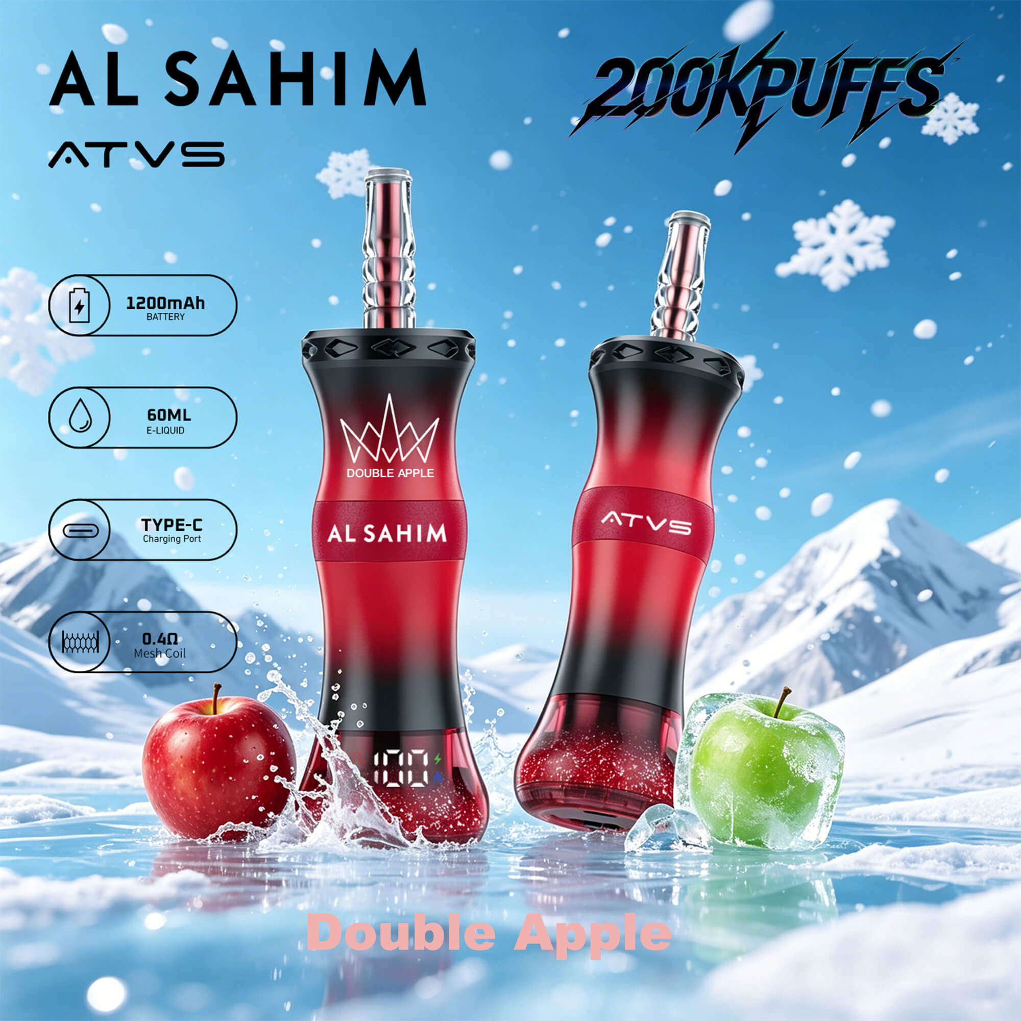 Dos dispositivos vape ATVS rojos y negros de doble manzana con manzanas y copos de nieve sobre fondo invernal
