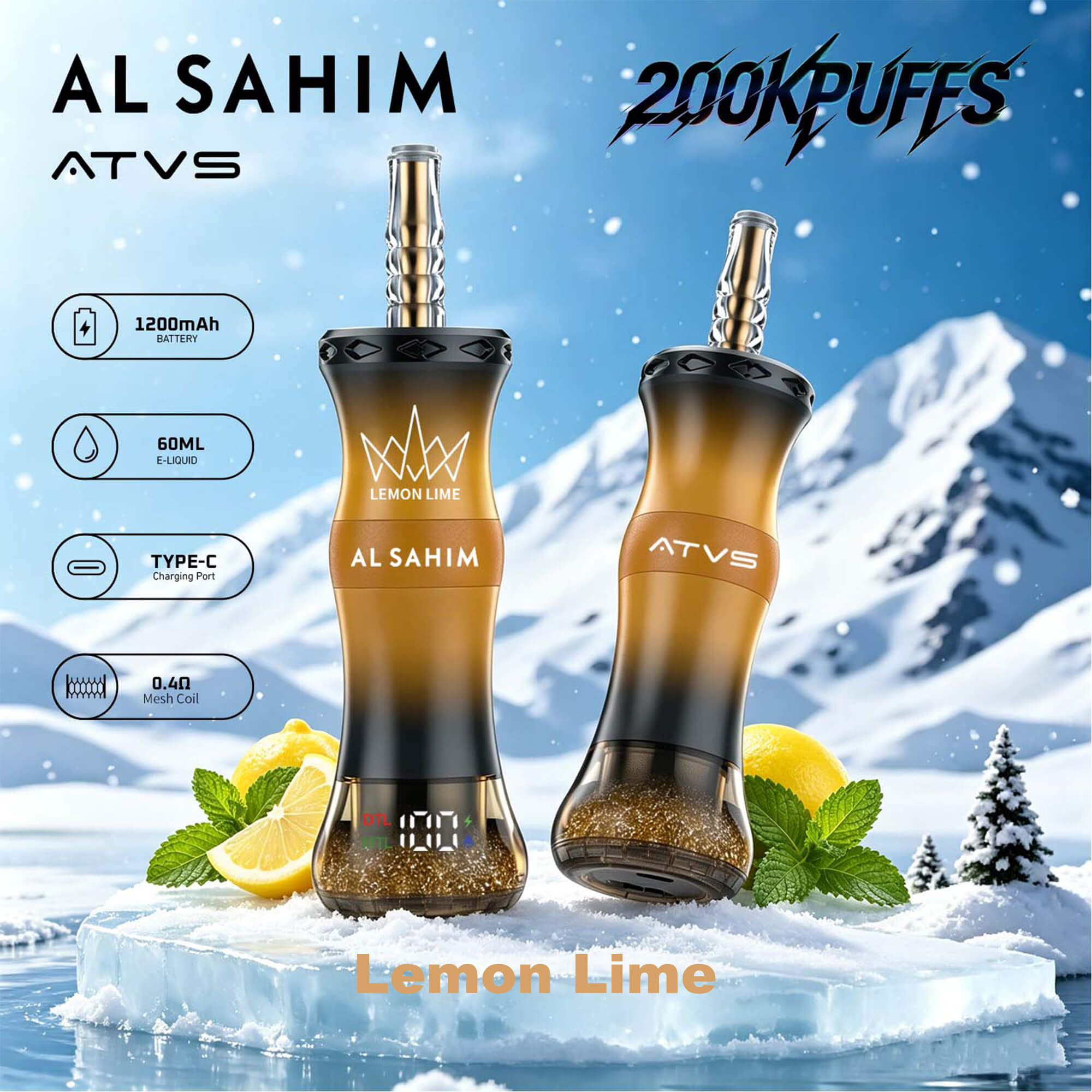 Dispositivos vape AL SAHIM ATVS con sabor a limón y lima, texto “2000 caladas” sobre fondo azul nevado