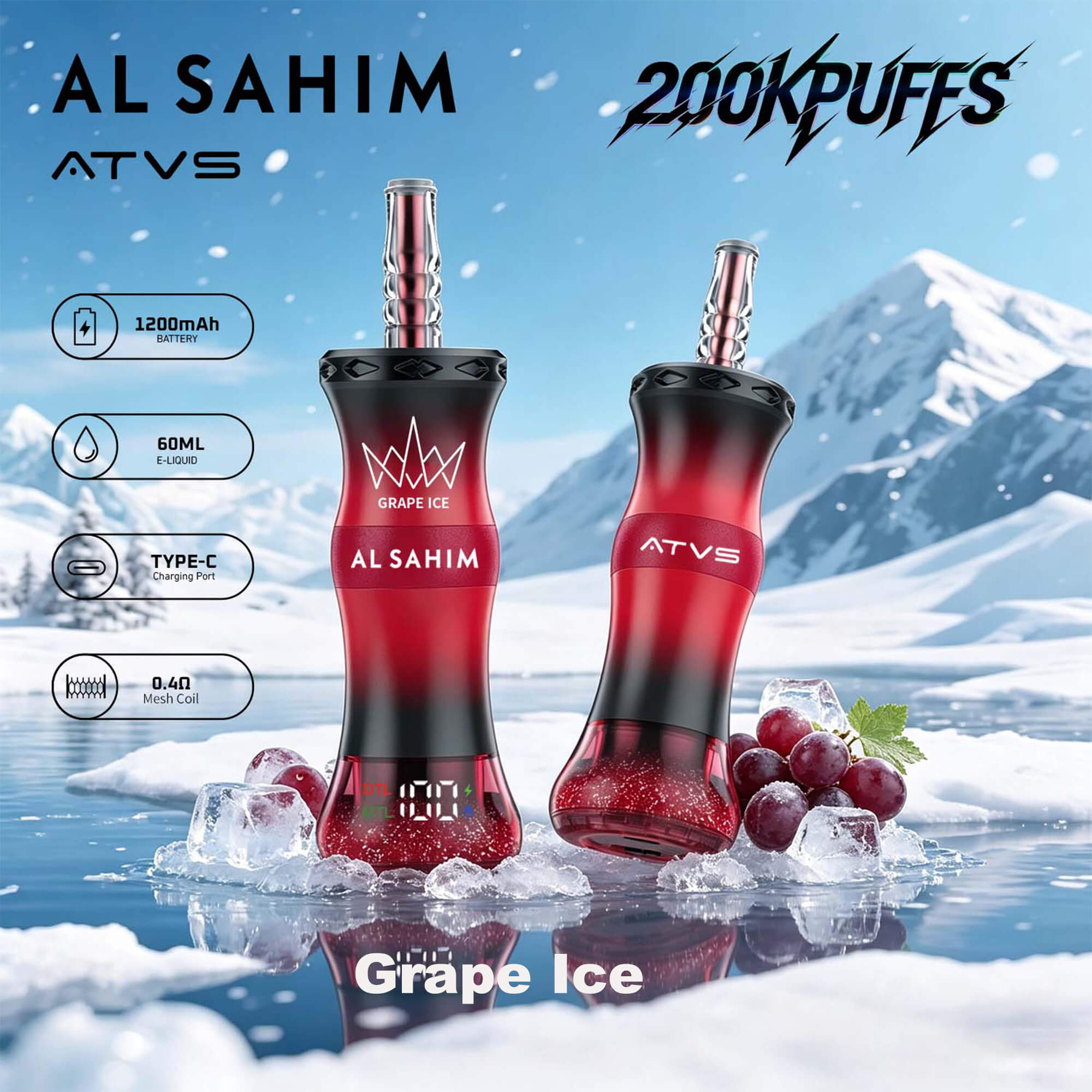 Dos dispositivos vape AL SAHIM rojos con gráfico de sabor “Grape Ice” sobre fondo de montaña nevada y salpicaduras de hielo