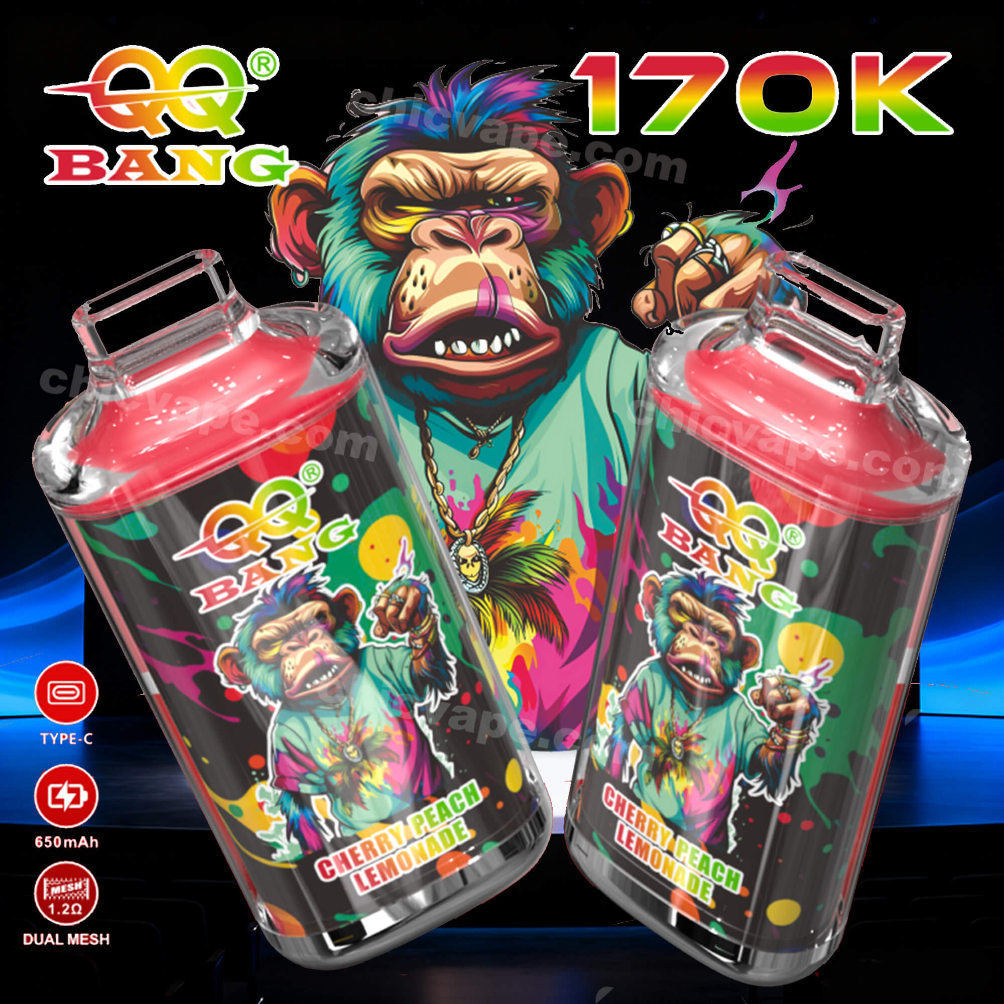 Pair of colorful “BQ Bang” e-liquid vape pods with cartoon animal mascot and “170K” branding on black background