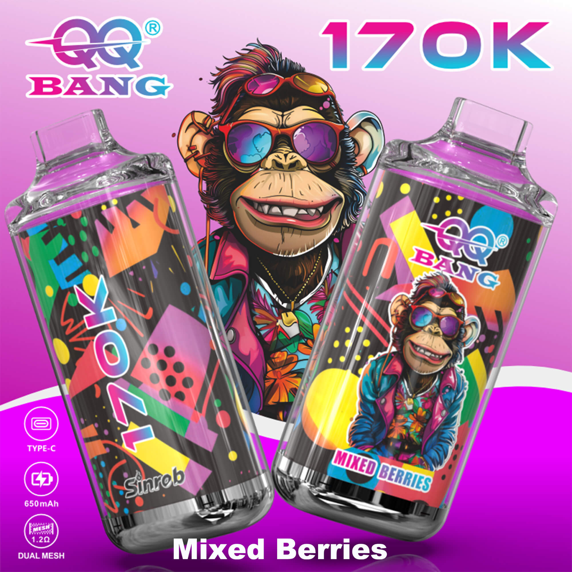 Bang 170K Mixed Berries vape package with bold mascot graphic and colorful battery designs