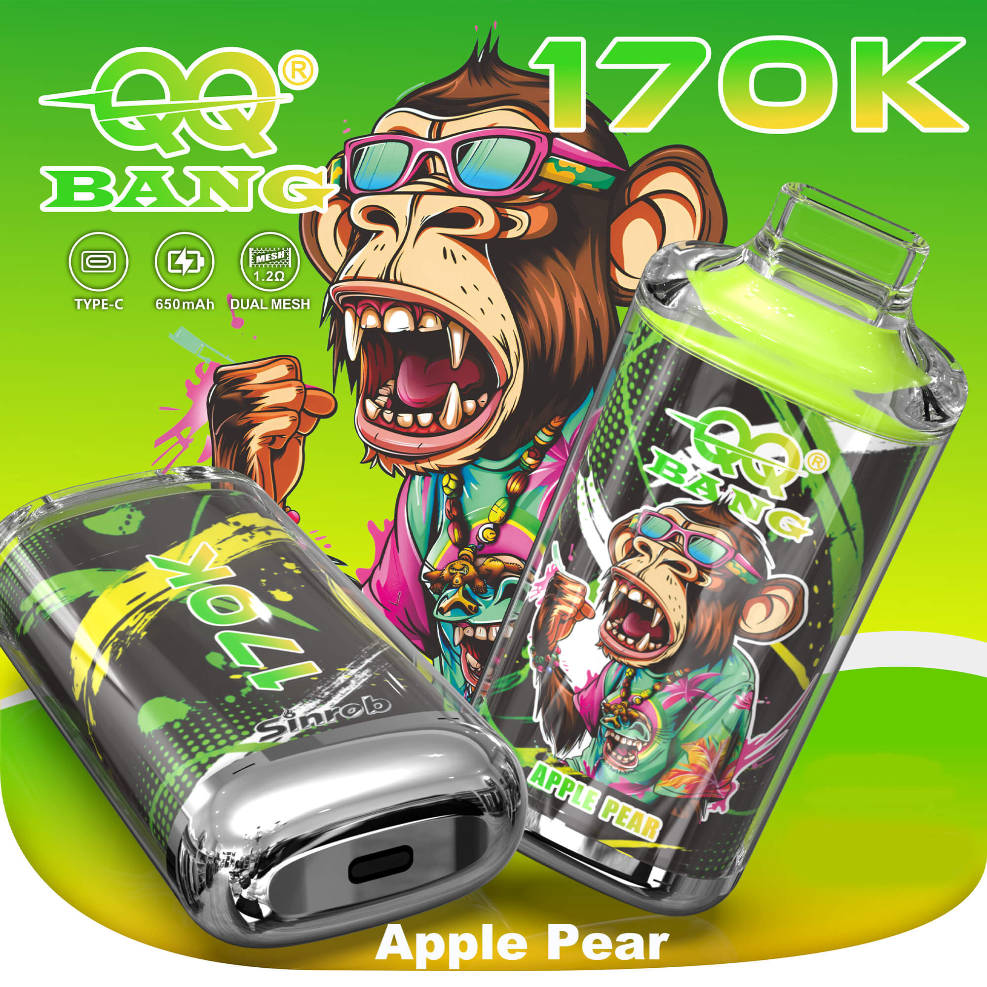 Sports-themed “Apple Pear” vape canisters with a roaring bear mascot and “18K” branding on green background
