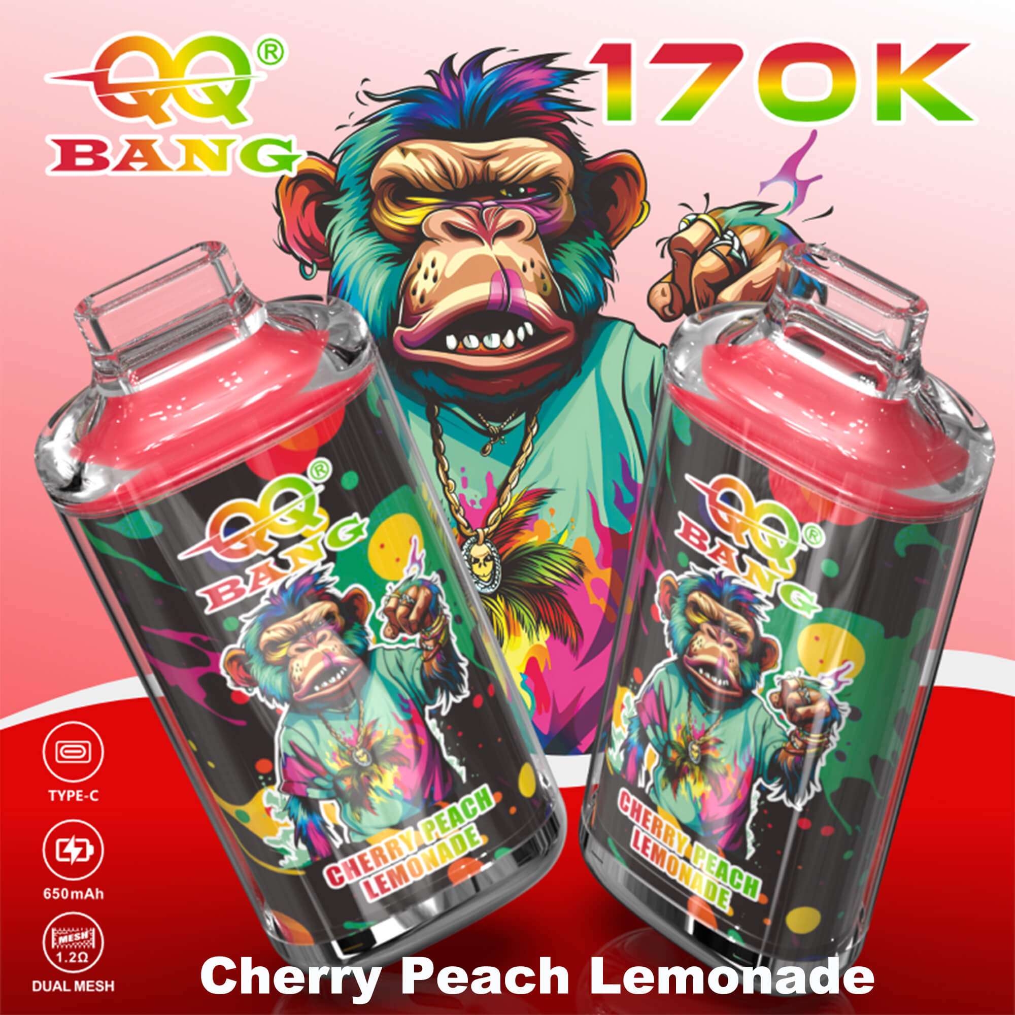 QQ BANG energy drink can pair with gorilla mascot, “Cherry Peach Lemonade” flavor, 170K label, two Type-C, 650mAh icons