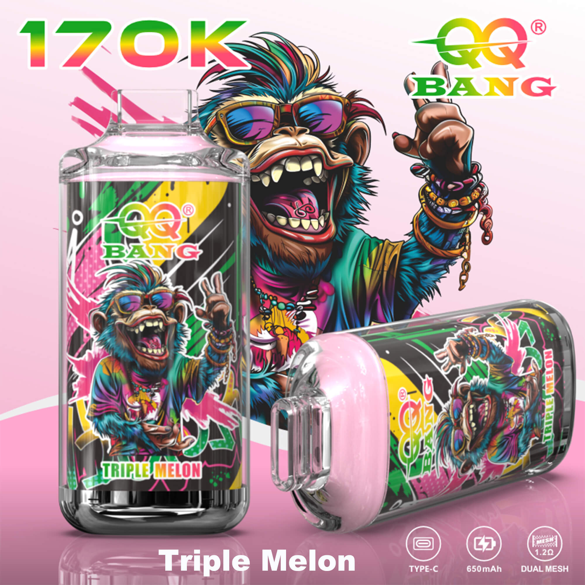 Colorful 170K QQ Bang “Triple Melon” vaping bottle and tank with cartoon lion character