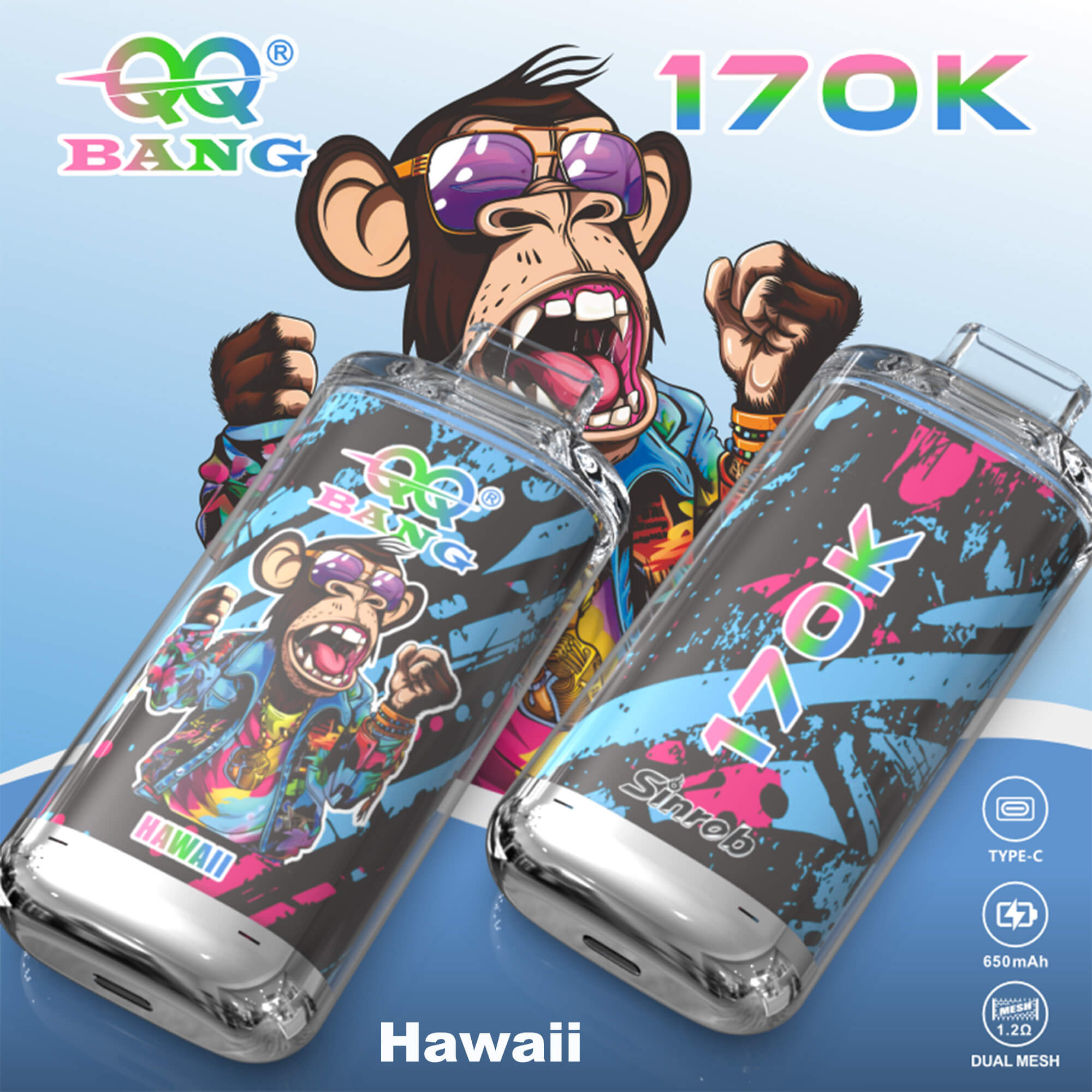 Q&Q Bang mobile power bank packaging showing a monkey character and “Hawaii” flavor, 170K capacity