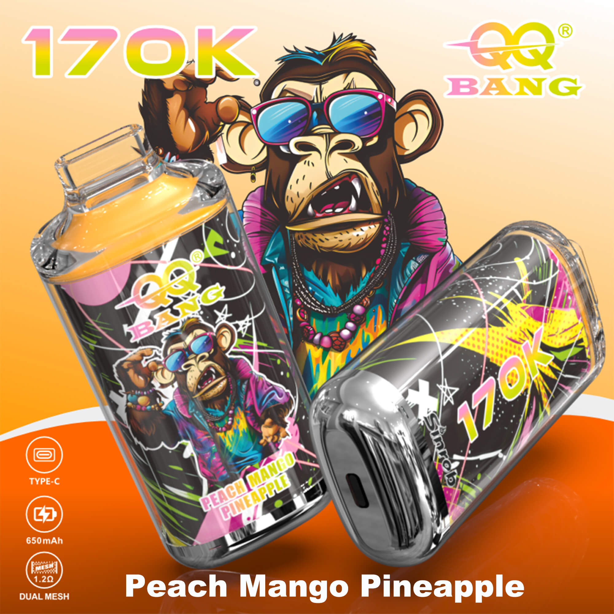 Cartoon monkey vaping on two colorful 170K disposable vape devices, Peach Mango Pineapple flavor text