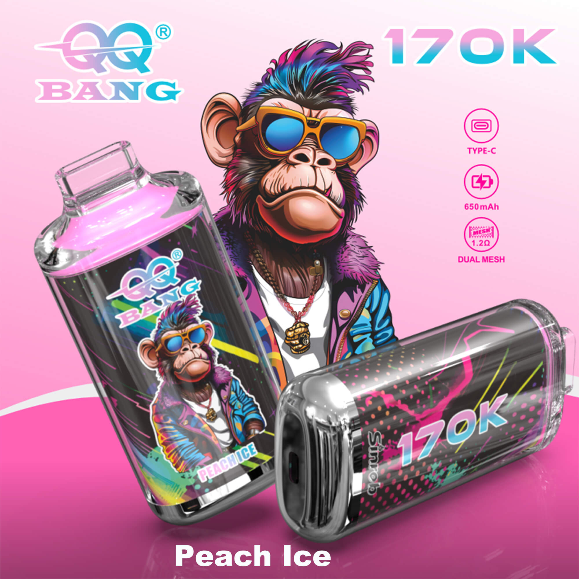 Colorful cartoon monkey wearing sunglasses holding an e-cig vape device labeled Peach Ice with 17O K and Type-C 650mAh