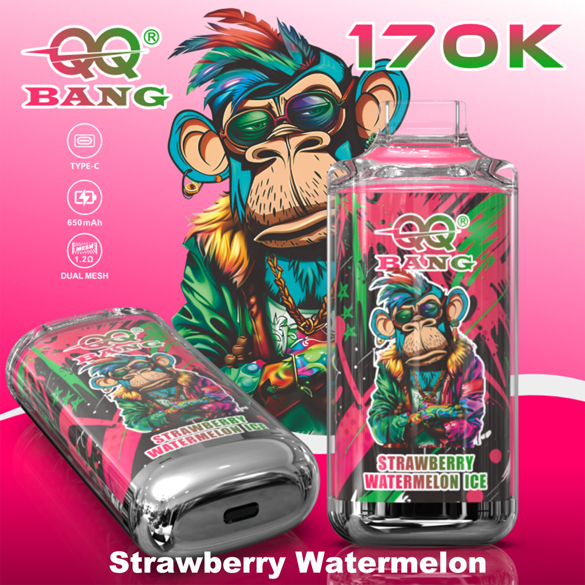 Cartoon primate vaping device and boxed can labeled Strawberry Watermelon with “170K” and “QQ BANG” branding