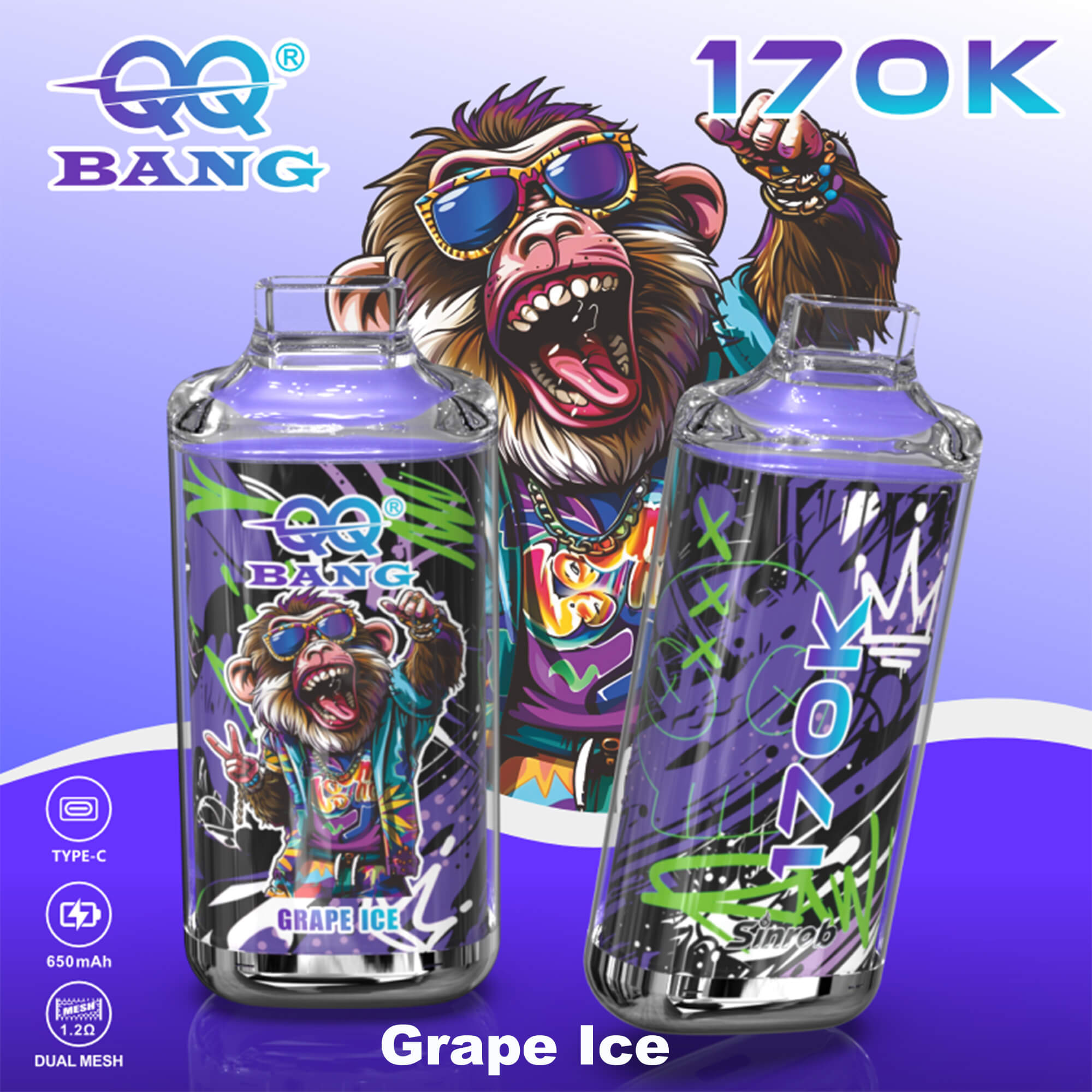 Two “Bang” rechargeable vape devices with Gorilla character art, labeled 170K and “Grape Ice” flavor