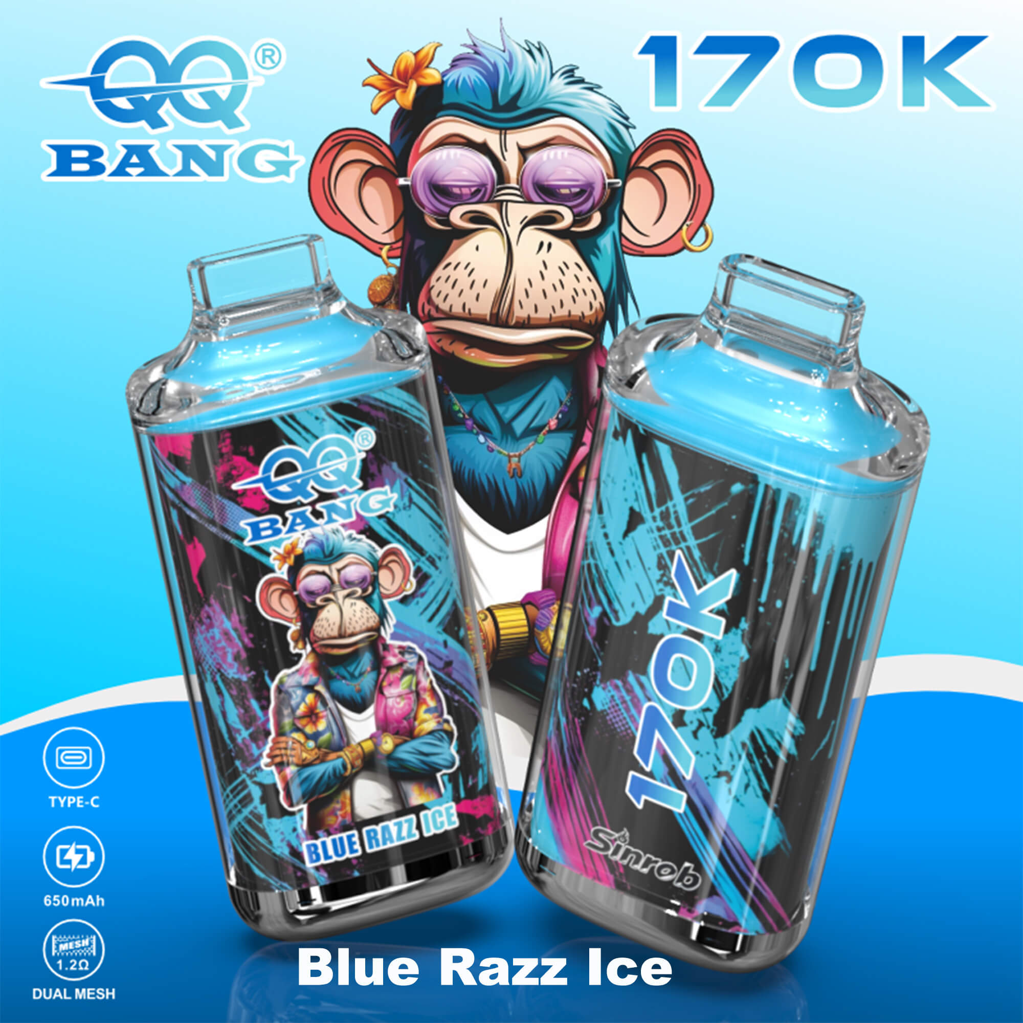 Cartoon monkey mascot in front of two labeled beverage cans, “Blue Razz Ice,” with “170K” and “BANG” text on blue background