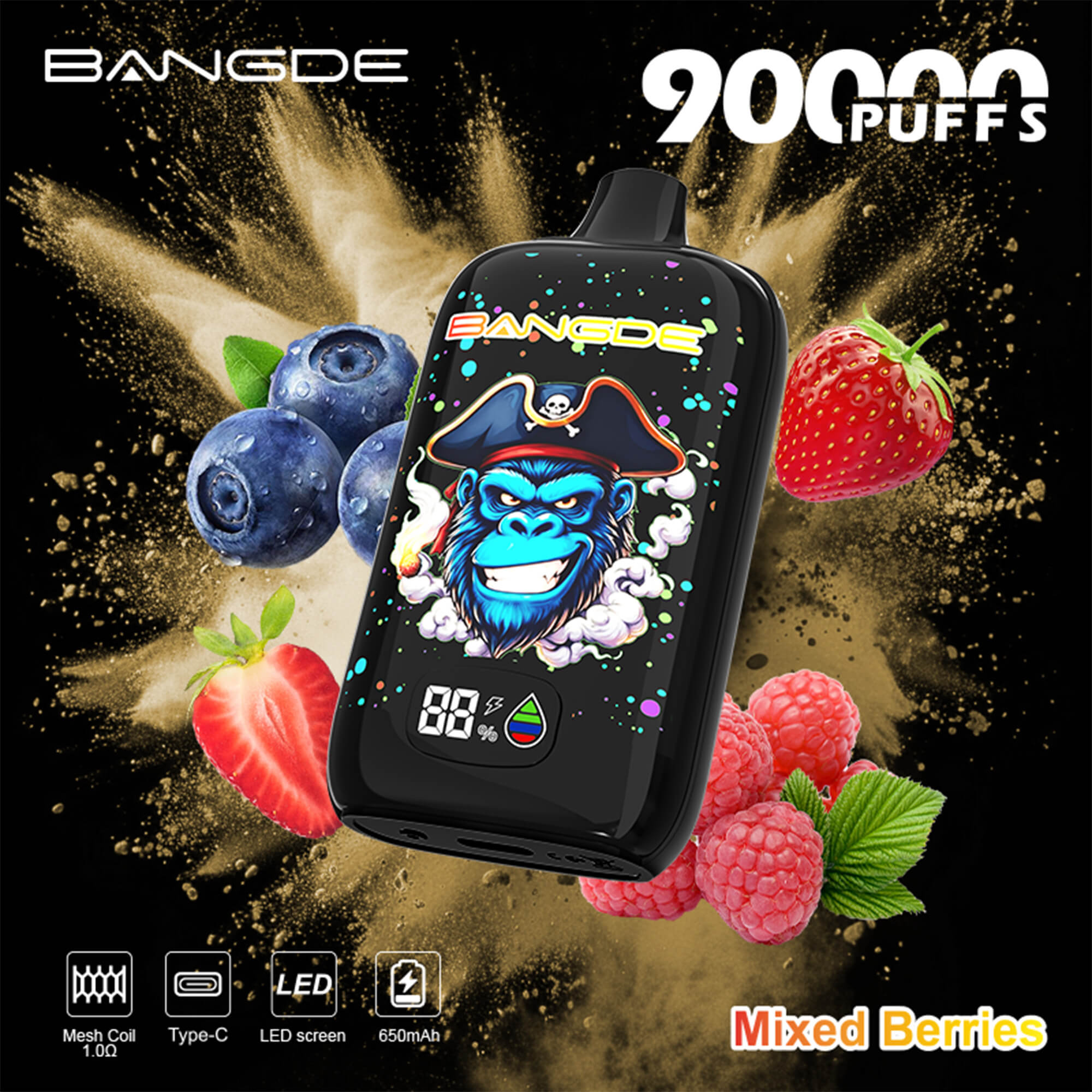 Bang De 20,000 puffs vape device with a pirate graphic, surrounded by mixed berries, on a gold splash background