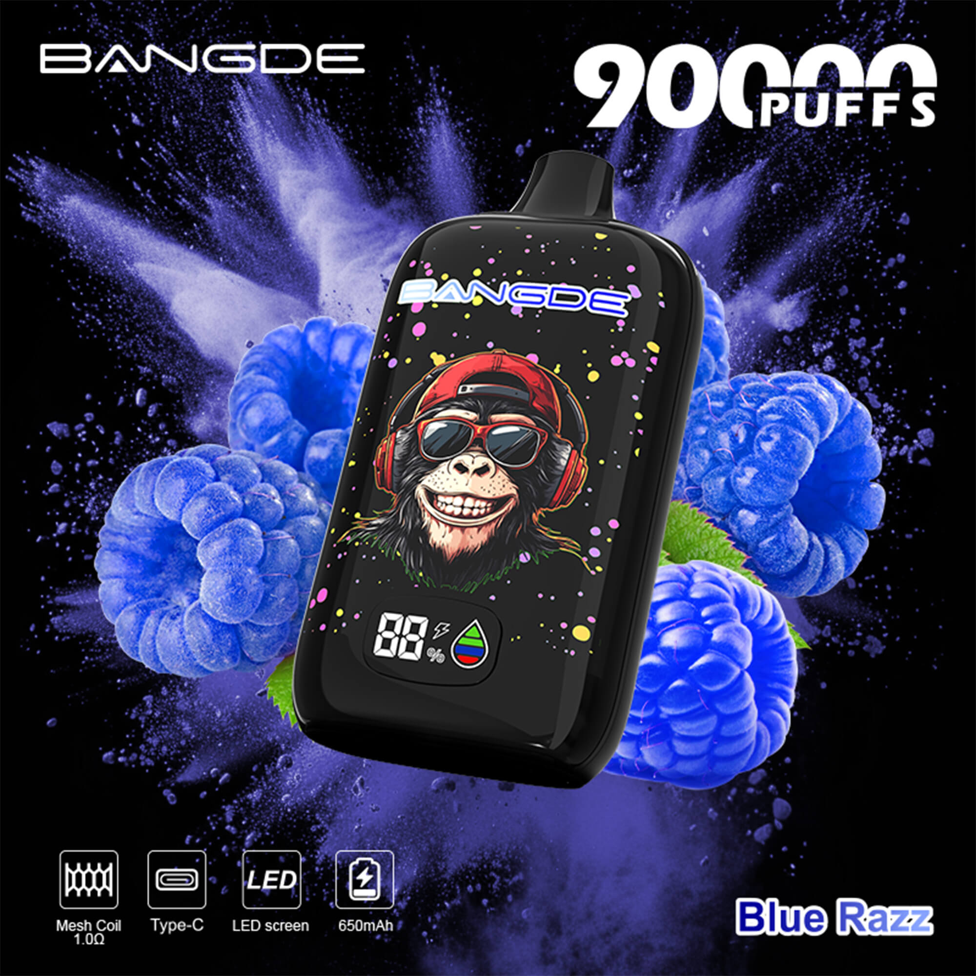 Black vape device with colorful “BANGDE” graphic, blue cloud background, and “20 puffs” text