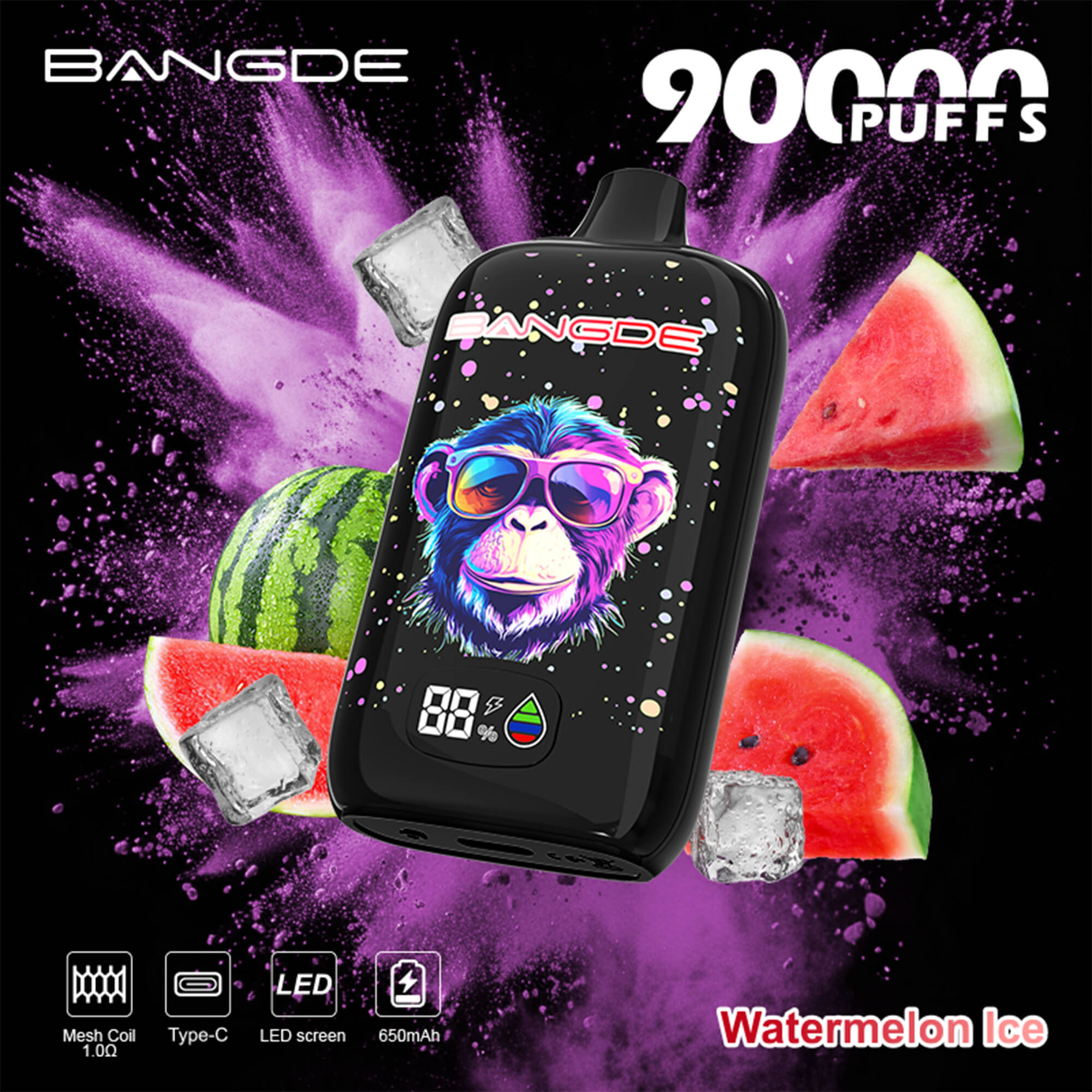 Branded vape device with colorful monkey graphic, “BANGDEE” text, and “20 PUFFS” above a watermelon ice background