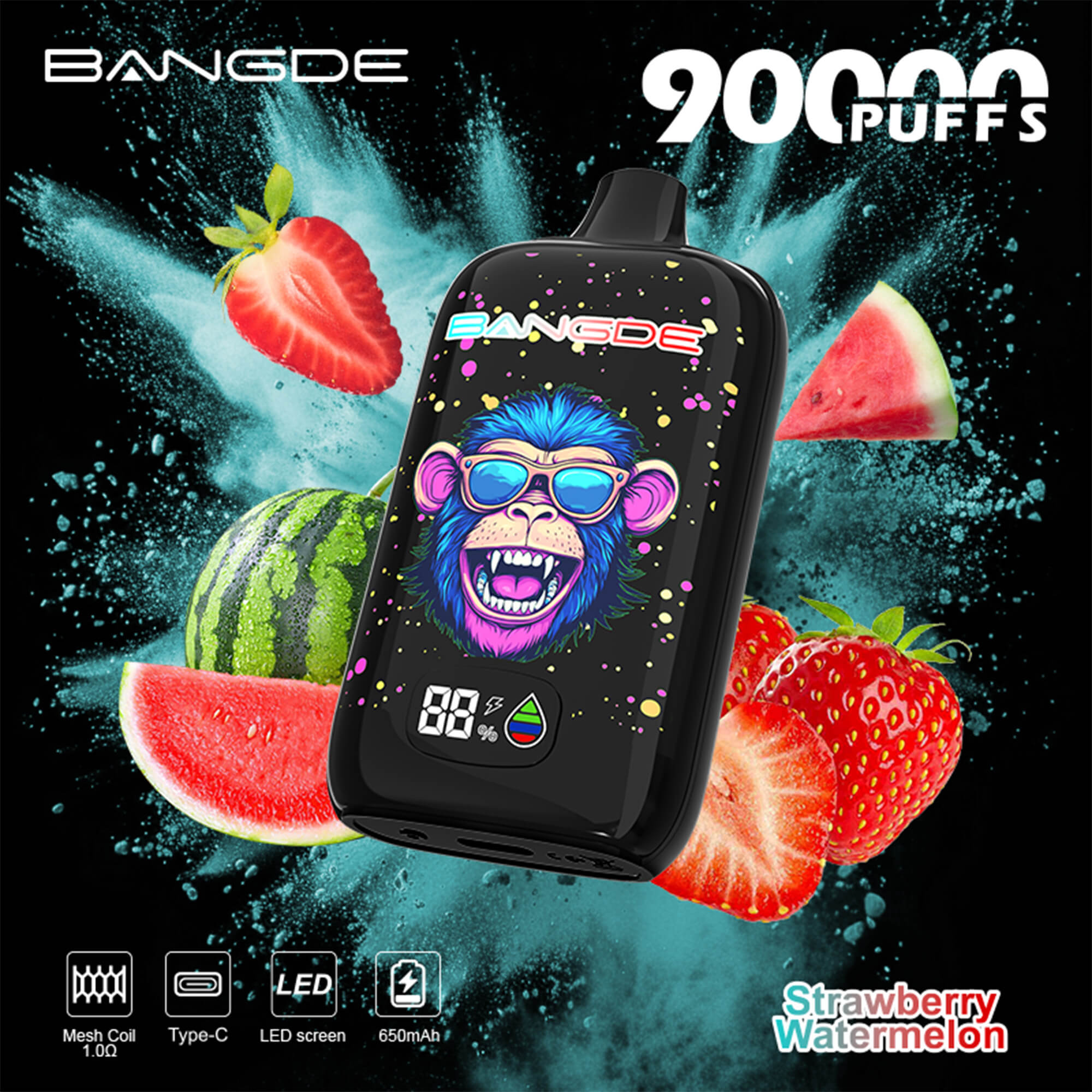 Black BAN GDE vape pod device with purple-blue roaring mascot, with strawberry, watermelon and “20 puffs” text