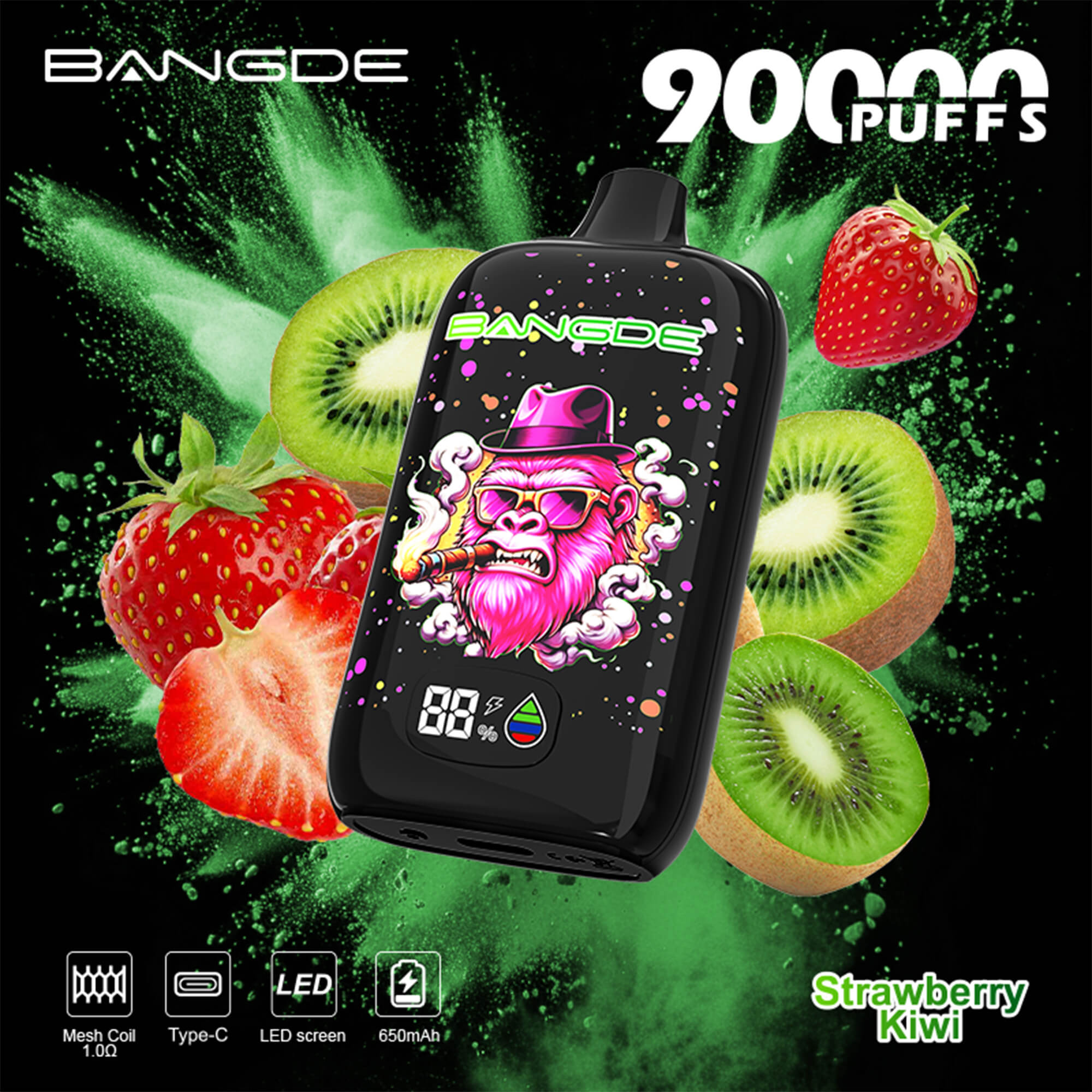 Black vape device with neon “BANDE” logo, featuring fruit flavors strawberry and kiwi with green splash background and icons