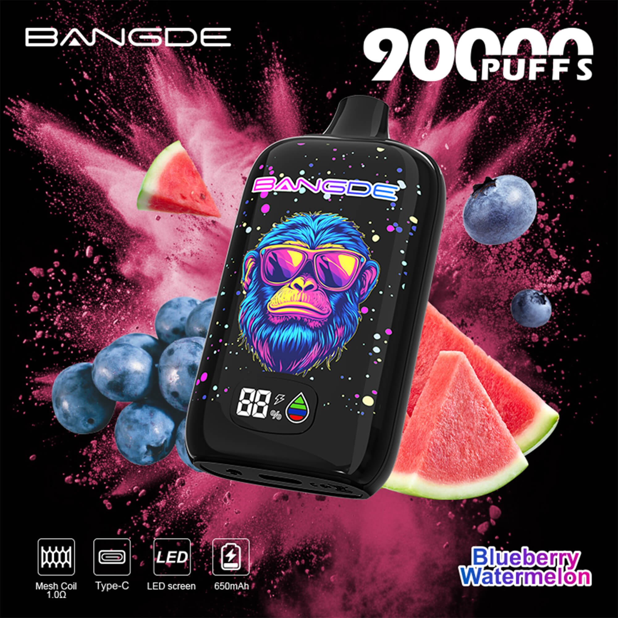 Bangde 20g disposable vape with cartoon face screen, against watermelon and blueberry splash background