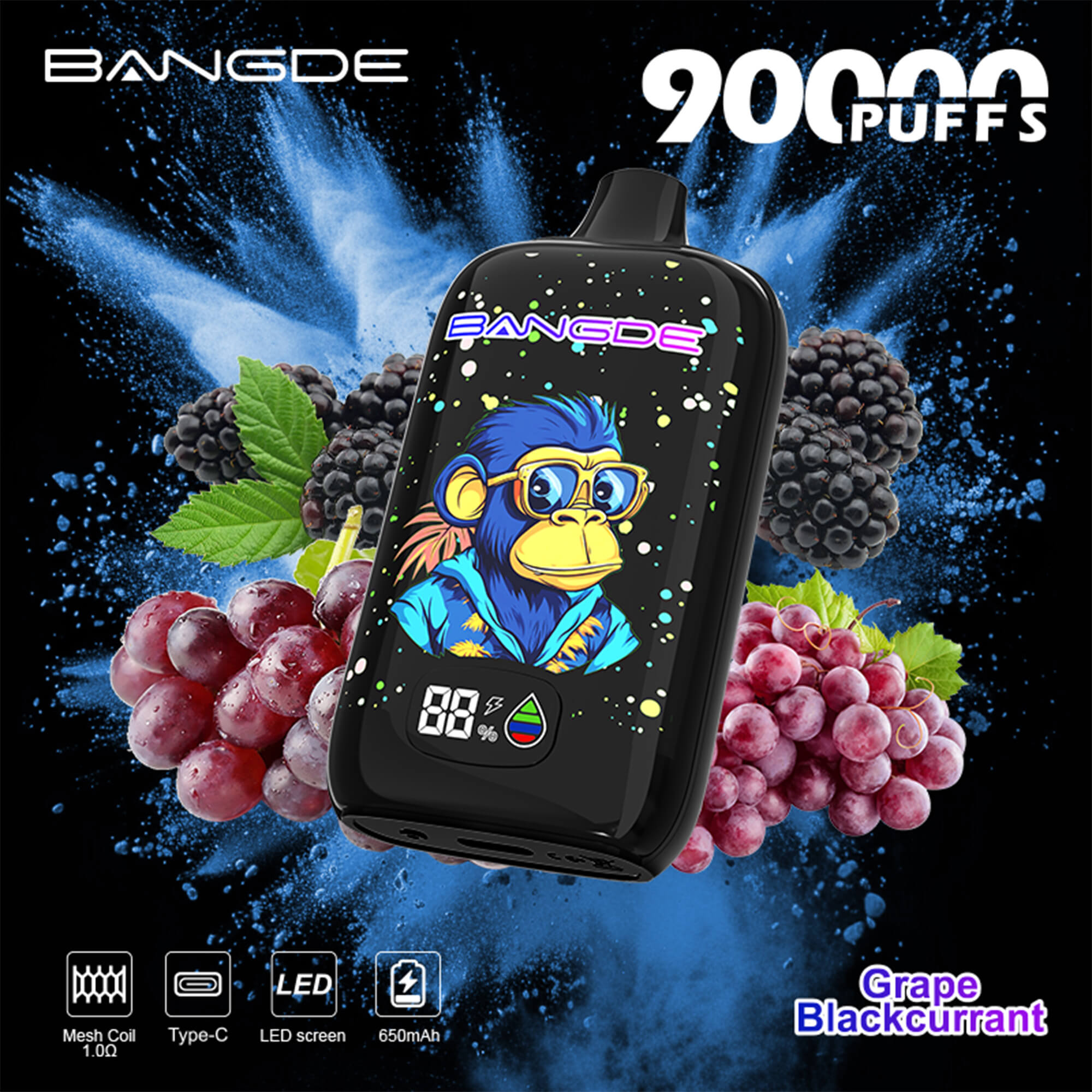 Black vaping device with colorful cartoon on screen, surrounded by grapes and blue splash, 20 puffs text